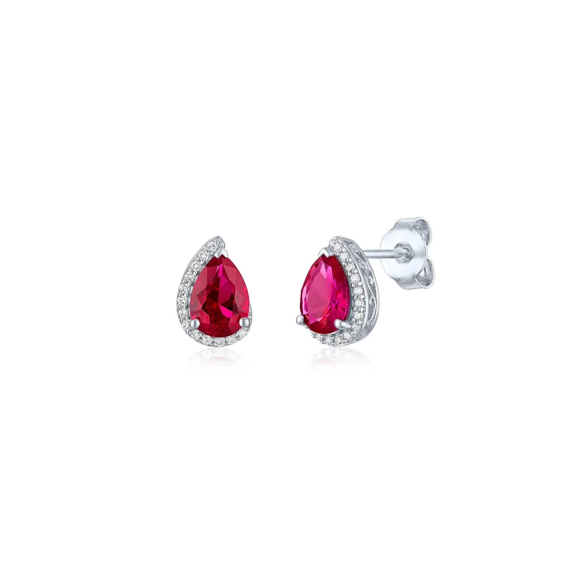 Lab-Created Ruby and Diamond Accent Pear-Shaped Half Halo Earrings .925 Sterling Silver White Size 9.50mm