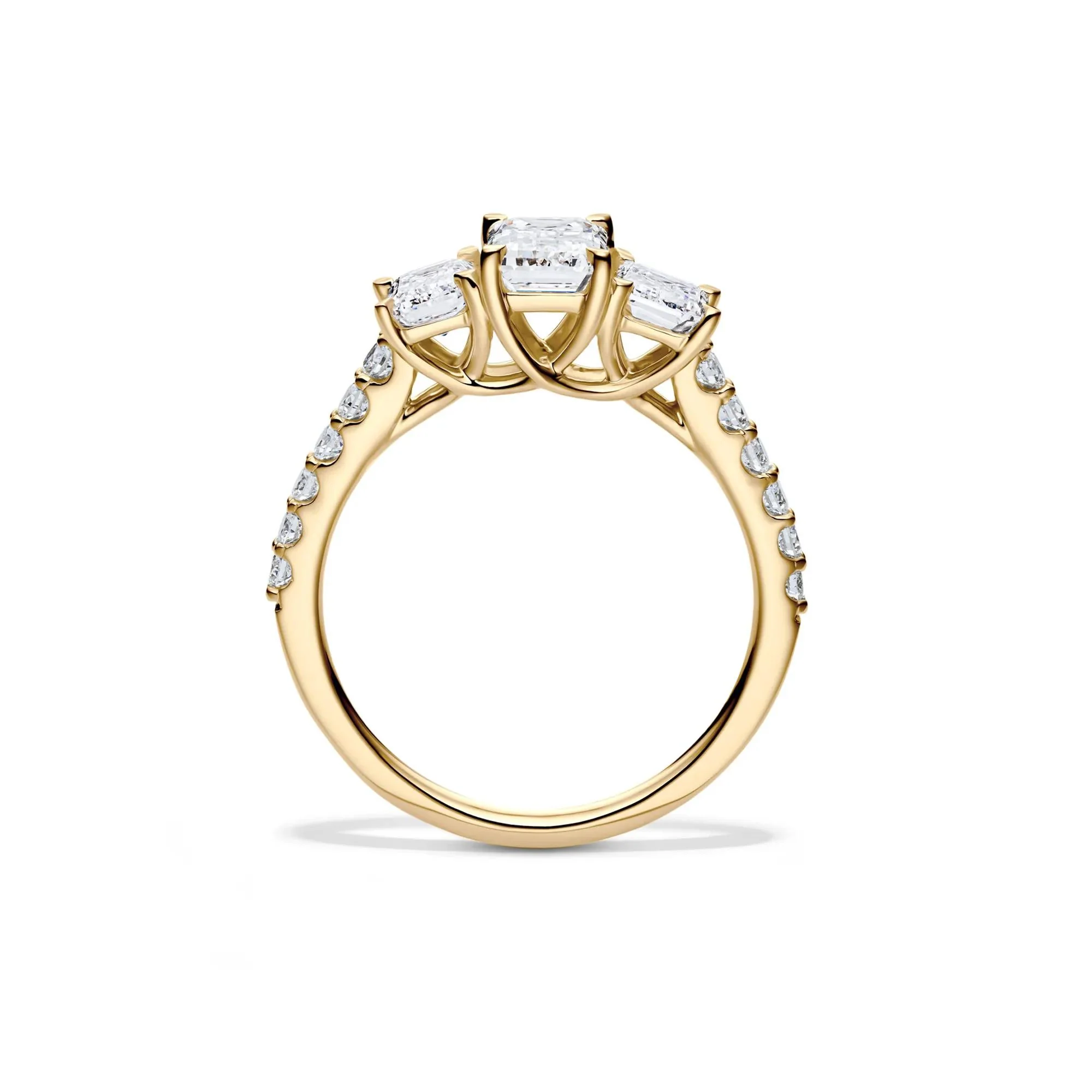 2 CT. Tw. Lab Grown Diamond Emerald-Cut Three Stone Ring 14K Yellow Gold Round Brilliant Cut Size 7 - Image 2