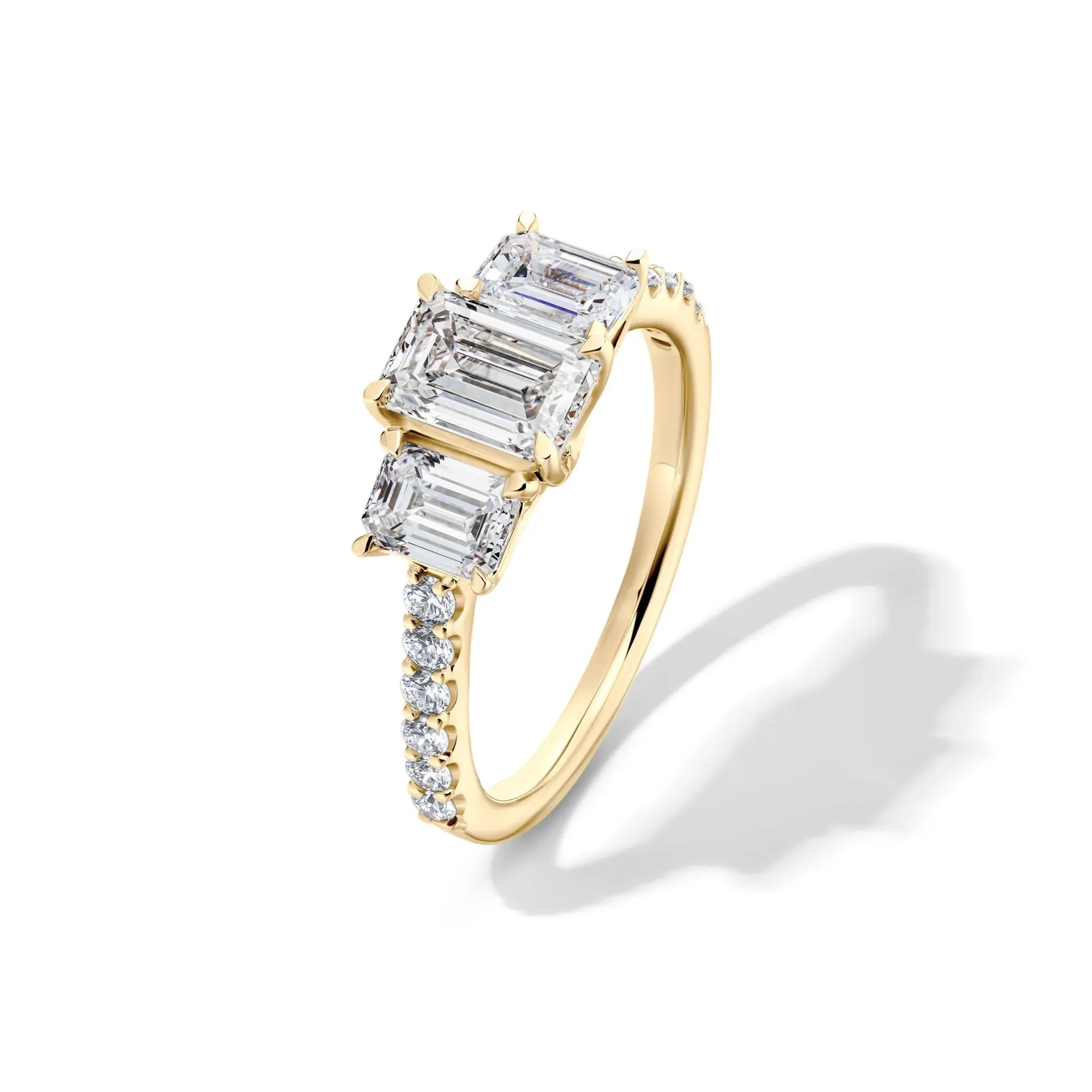 2 CT. Tw. Lab Grown Diamond Emerald-Cut Three Stone Ring 14K Yellow Gold Round Brilliant Cut Size 8 - Image 4