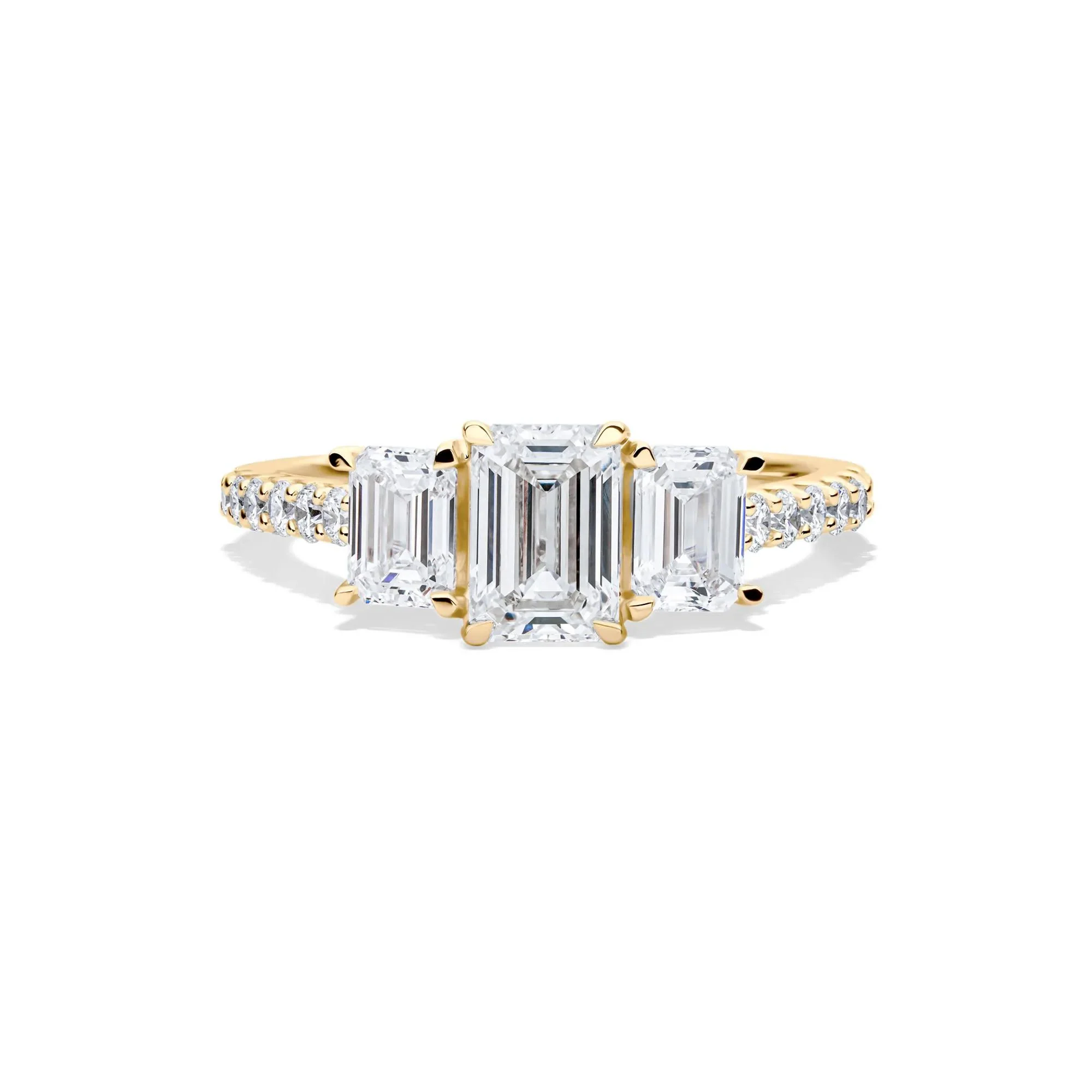 2 CT. Tw. Lab Grown Diamond Emerald-Cut Three Stone Ring 14K Yellow Gold Round Brilliant Cut Size 9