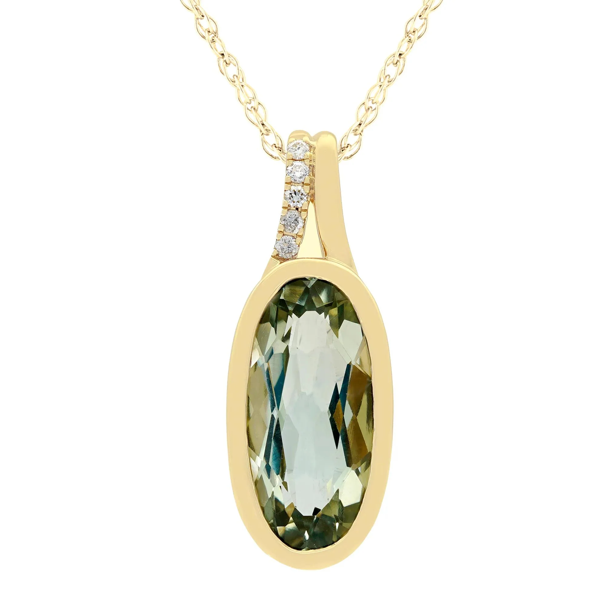 Green Amethyst and Diamond Accent Pendant Necklace 10K Yellow Gold