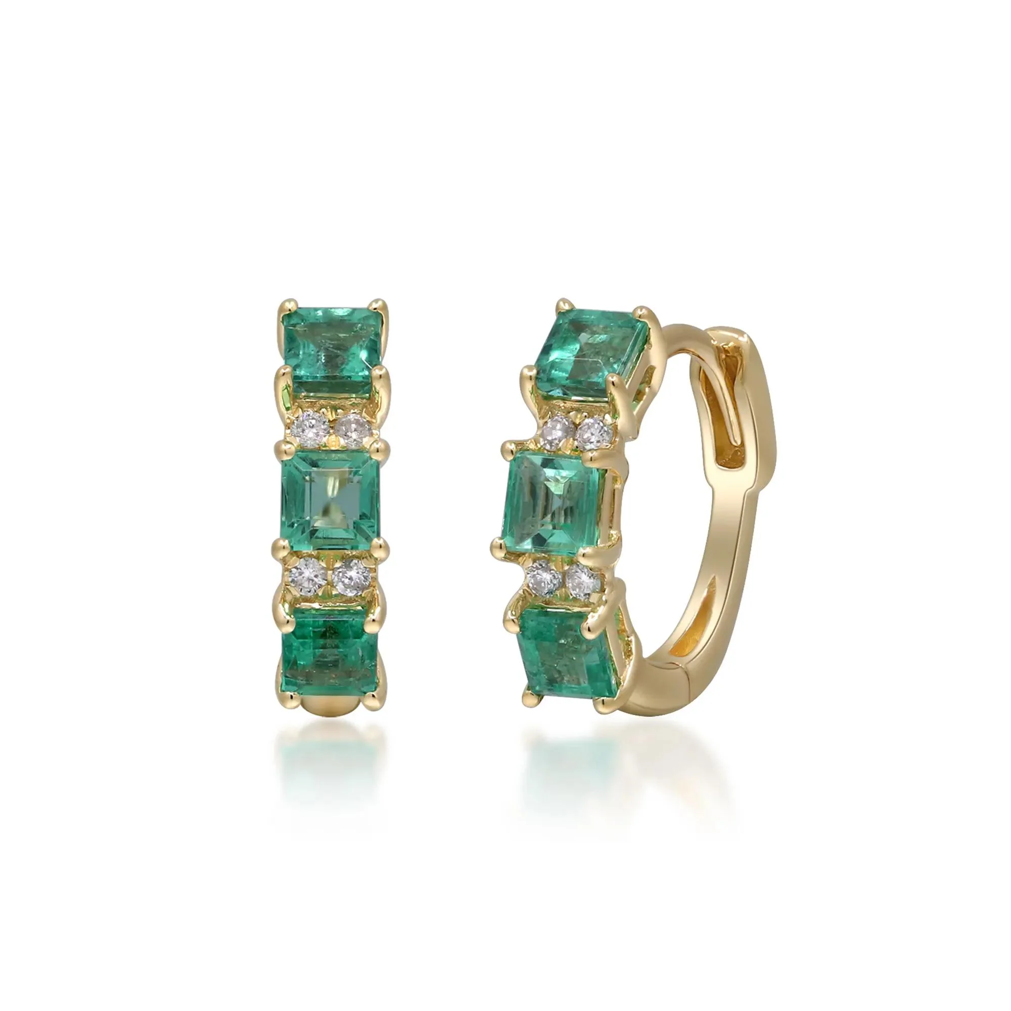 Emerald and Diamond Accent Huggie Hoop Earrings 10K Yellow Gold Size 3.00mm
