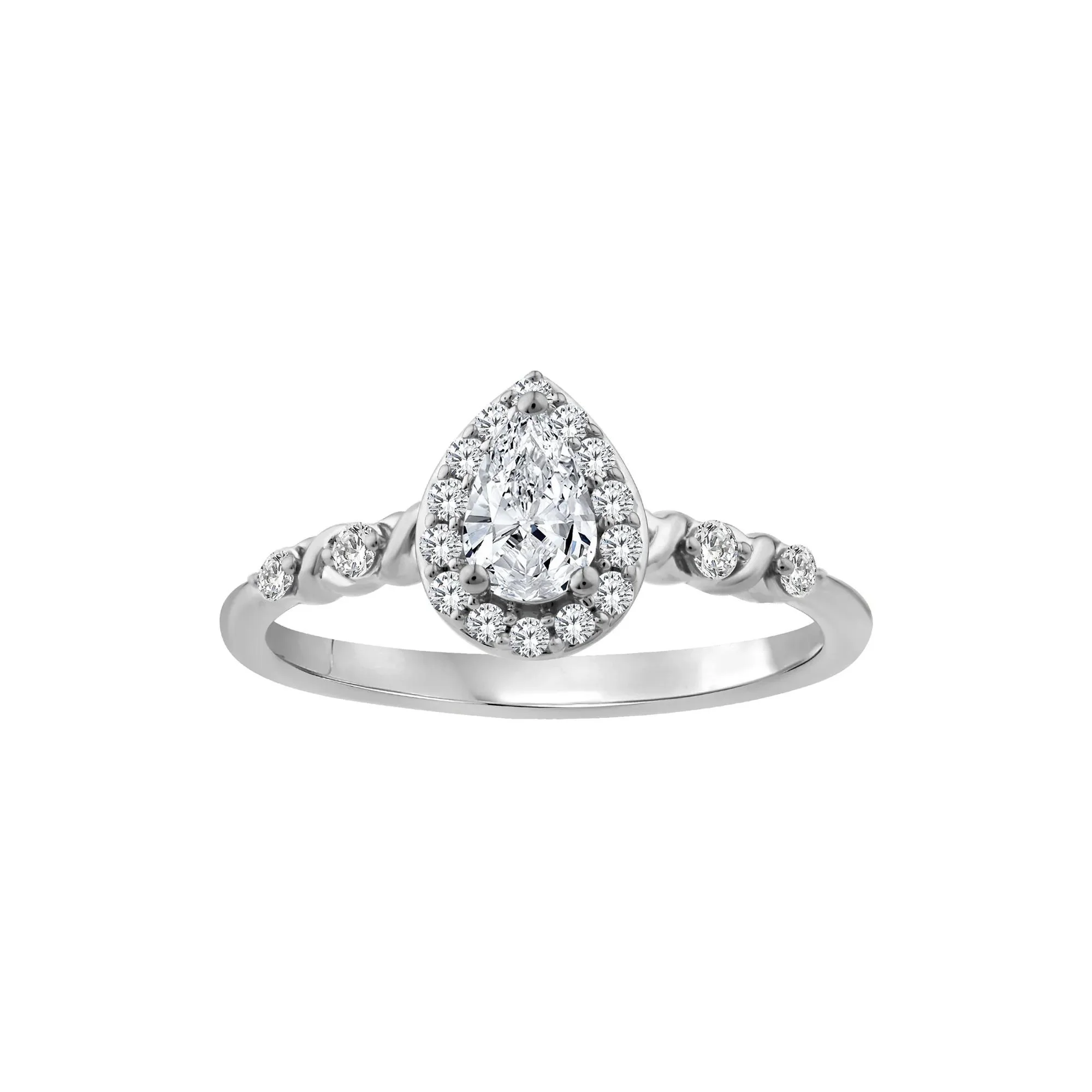 1/2 CT. Tw. Lab Grown Diamond Pear-Shaped Halo Promise Ring 10K White Gold Round Brilliant Cut Size 8