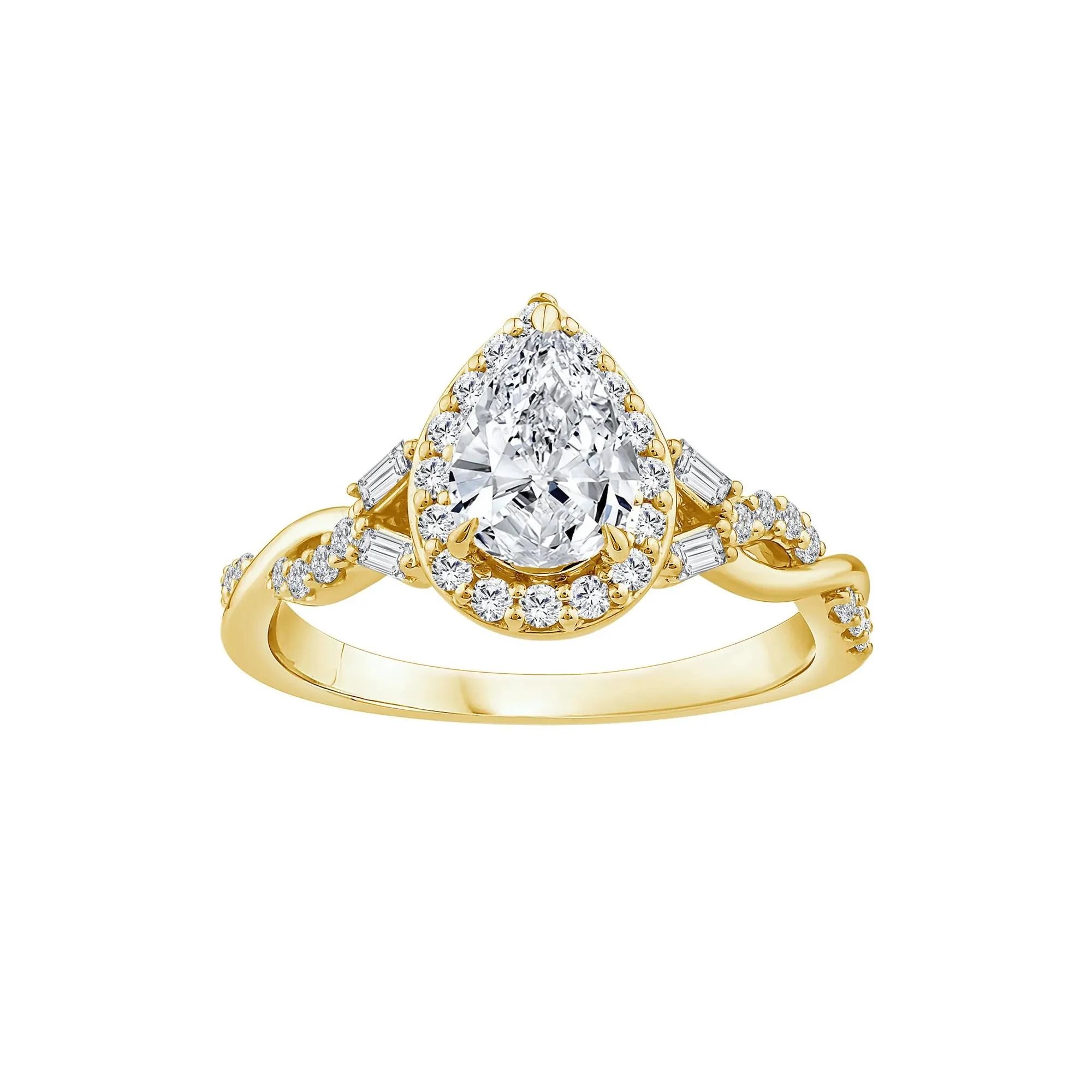 1 CT. Tw. Lab Grown Diamond Pear-Shaped Halo Engagement Ring 10K Yellow Gold Round Brilliant Cut Size 6.5