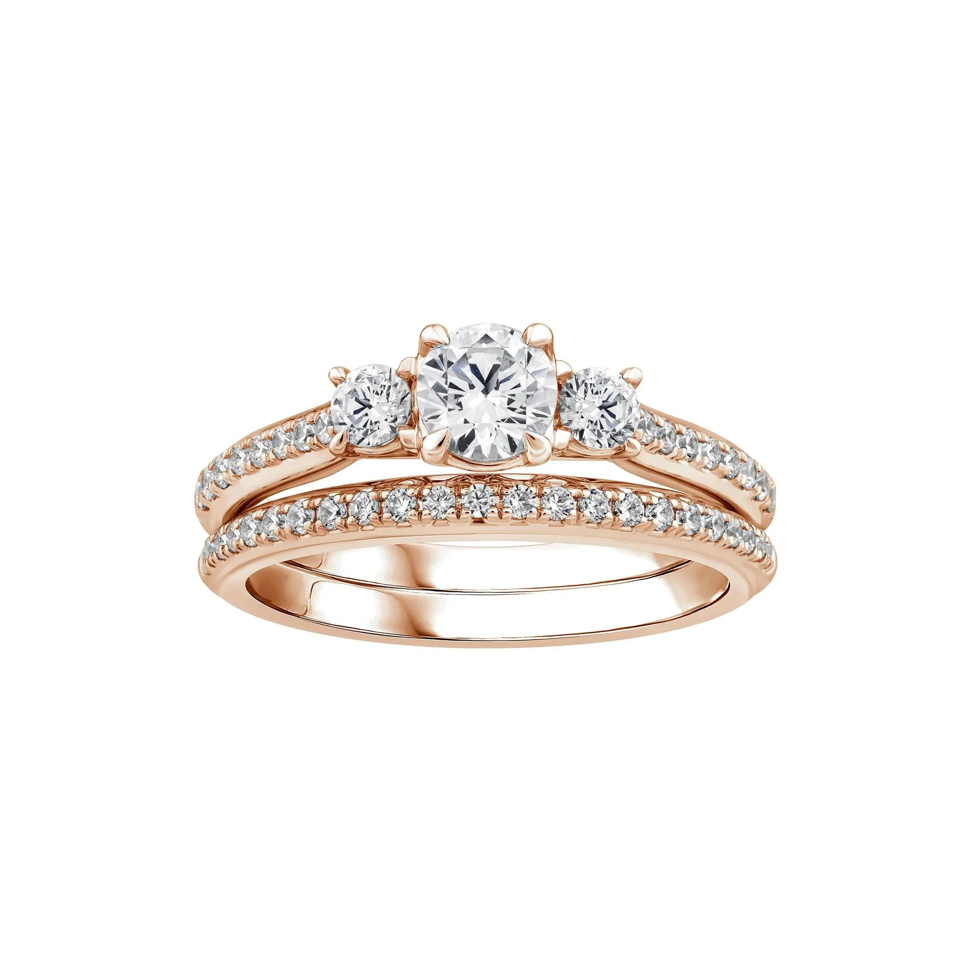 1 CT. Tw. Lab Grown Diamond Three-Stone Engagement Set 10K Rose Gold Ring Round Brilliant Cut Size 7 1mm