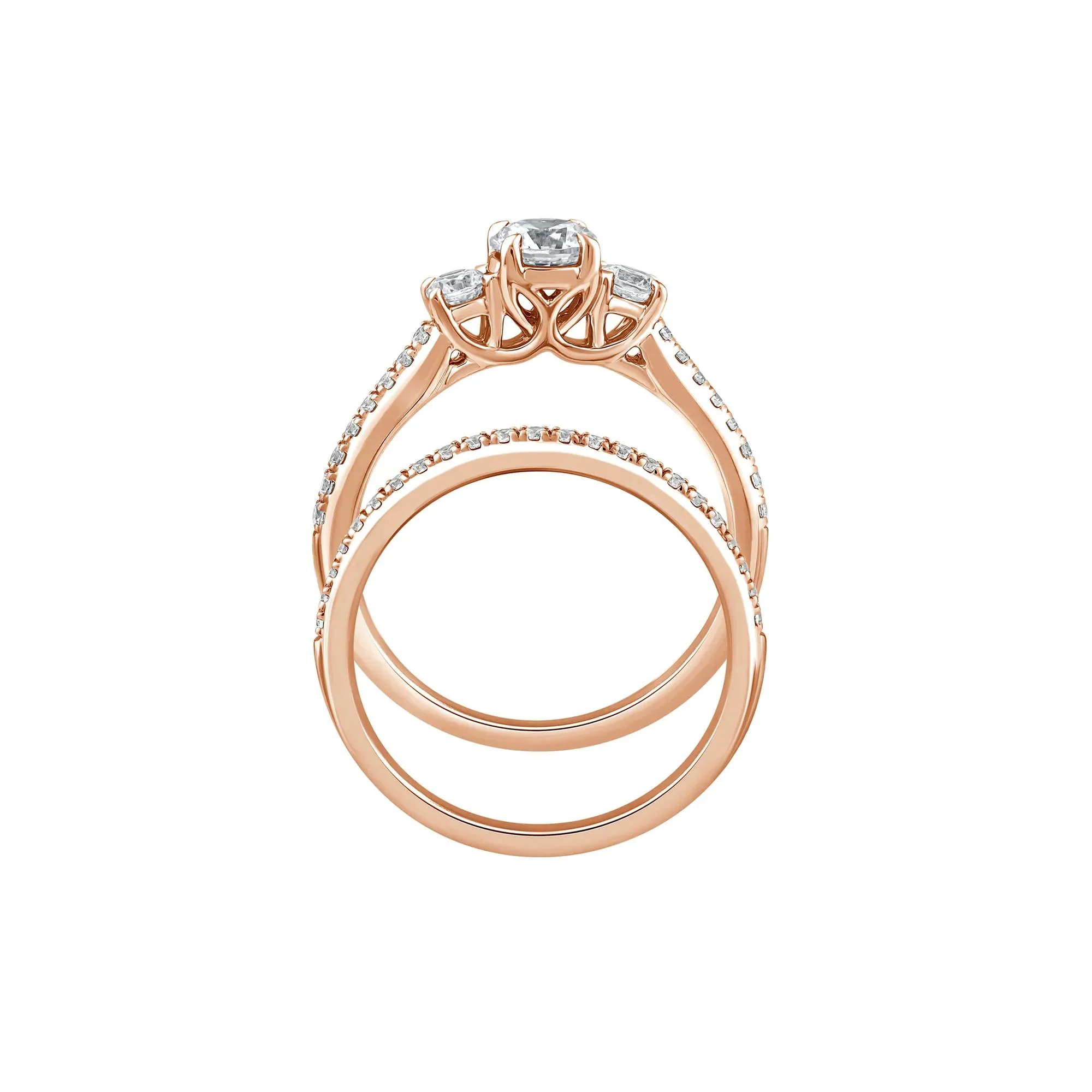 1 CT. Tw. Lab Grown Diamond Three-Stone Engagement Set 10K Rose Gold Ring Round Brilliant Cut Size 7 1mm - Image 2