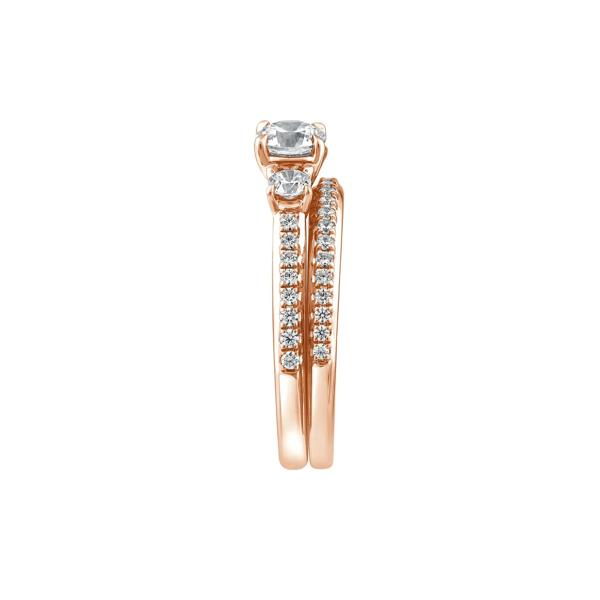 1 CT. Tw. Lab Grown Diamond Three-Stone Engagement Set 10K Rose Gold Ring Round Brilliant Cut Size 7.5 1mm - Image 3