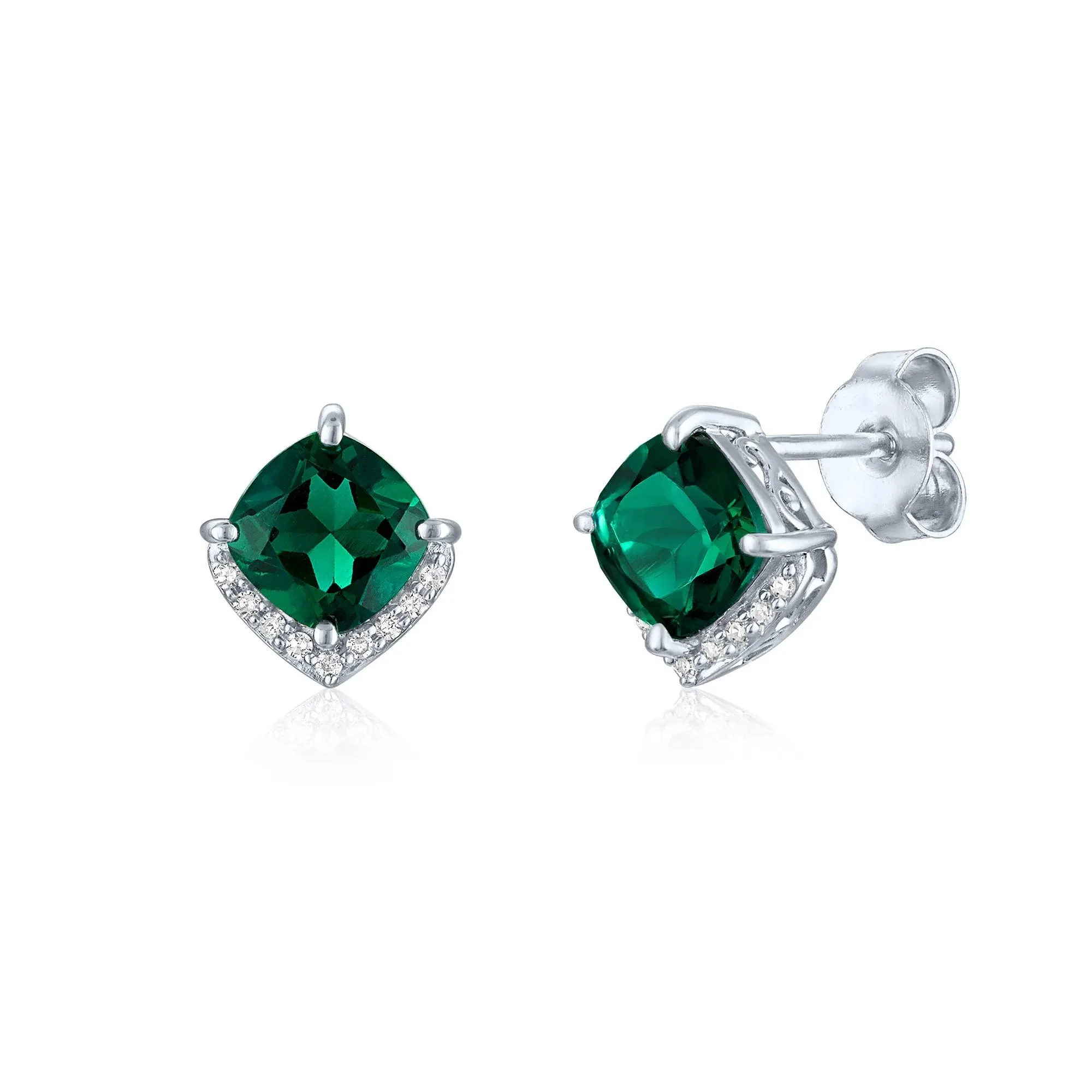 Lab-Created Emerald and Diamond Accent Half Halo Earrings .925 Sterling Silver White Size 9.00mm