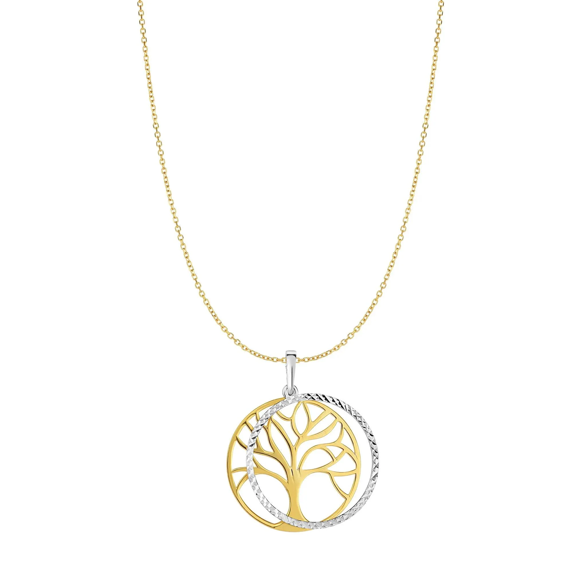 Tree of Life Disc Pendant Necklace 14K White and Yellow Gold Size 18"