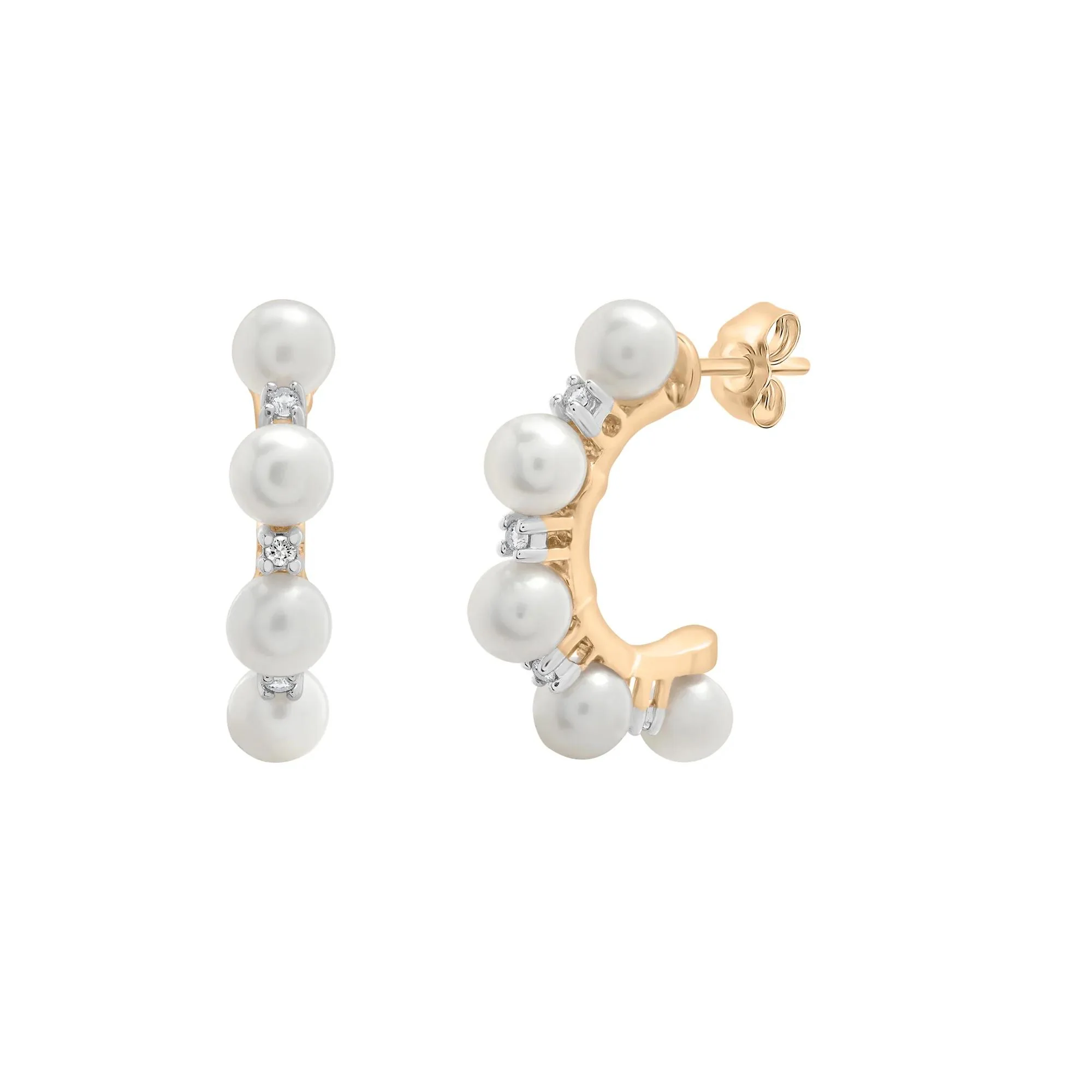 Freshwater Cultured Pearl and Diamond Accent Half Hoop Earrings 10K Yellow Gold Size 4.20mm