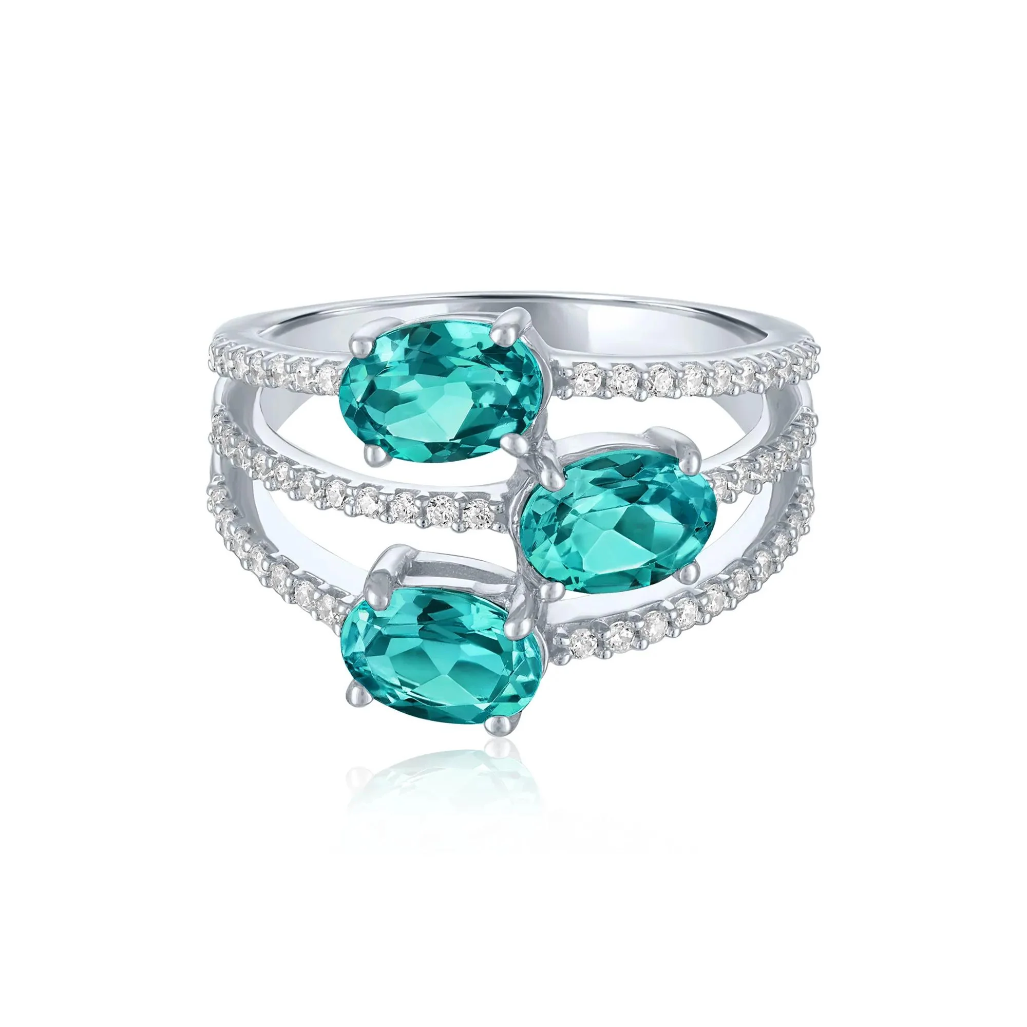 1/4 CT. Tw. Teal Apatite and Diamond Multi-Row Ring .925 Sterling Silver White Size 7 1mm - Image 3