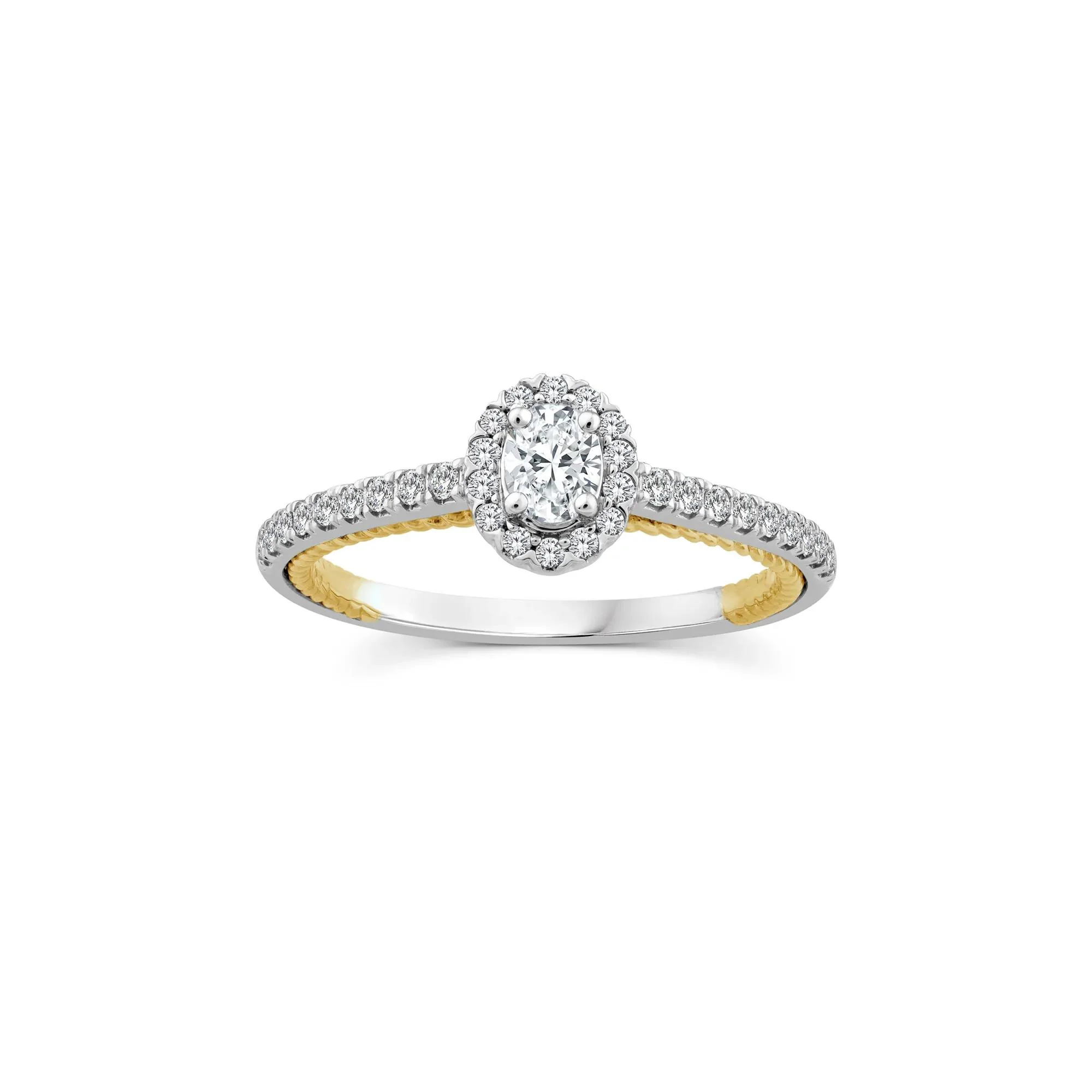 1/2 CT. Tw. Oval Diamond Halo Engagement Ring 14K Yellow and White Gold Round Brilliant Cut Size 6 1.5mm