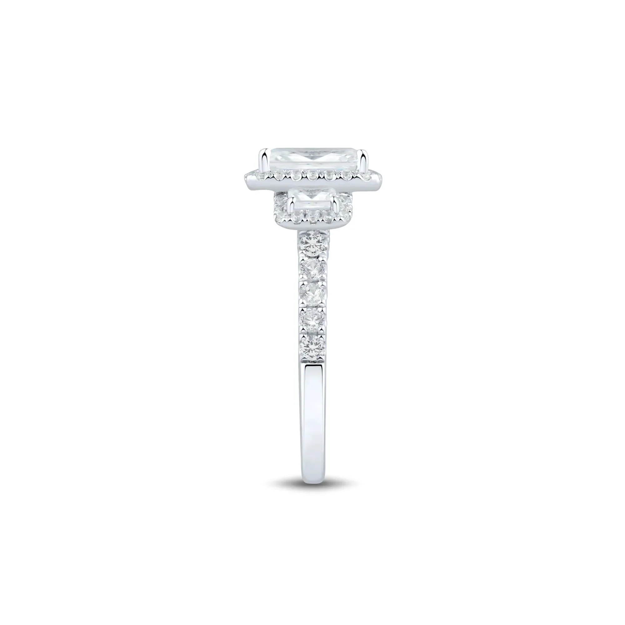 3 CT. Tw. Emerald-Cut Diamond Three-Stone Halo Engagement Ring 14K White Gold Round Brilliant Cut Size 6.5 1.5mm - Image 2