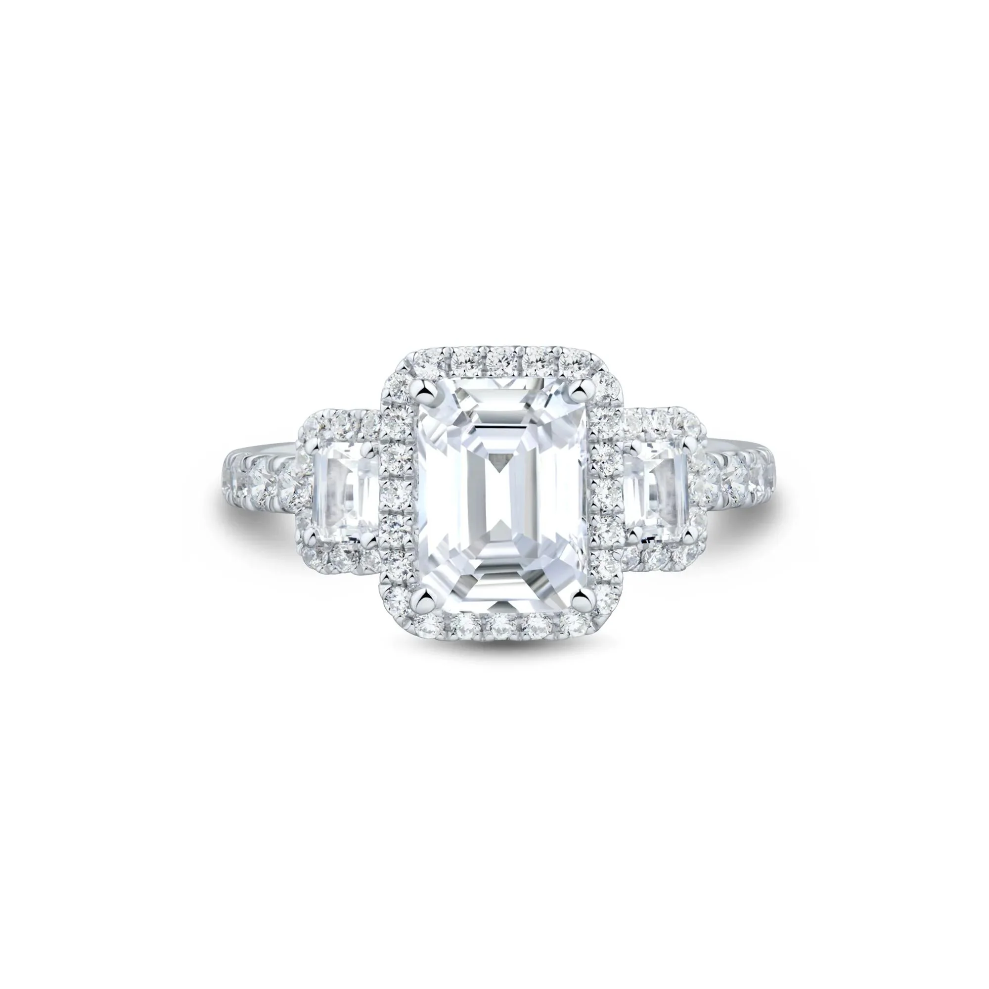 3 CT. Tw. Emerald-Cut Diamond Three-Stone Halo Engagement Ring 14K White Gold Round Brilliant Cut Size 8.5 1.5mm
