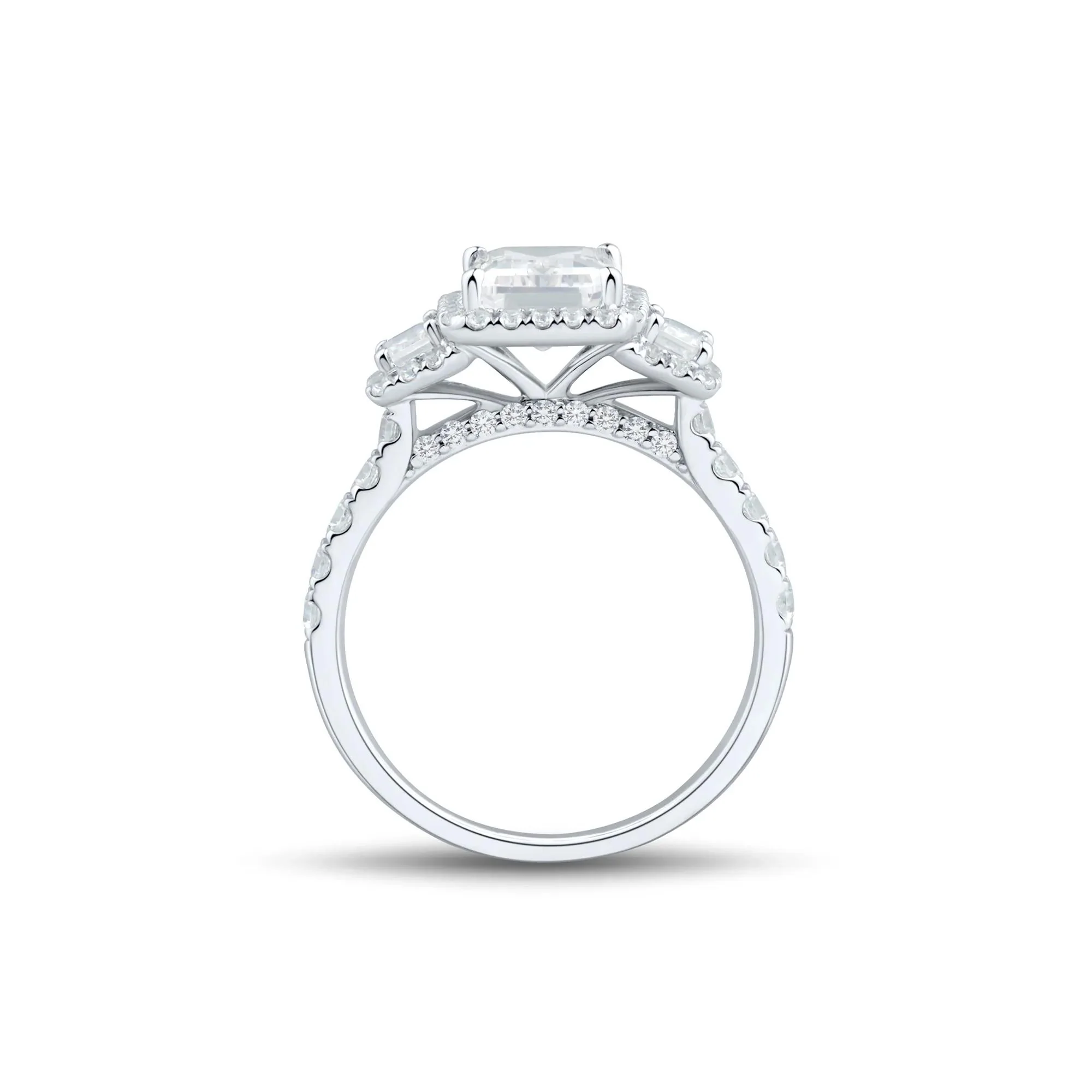 3 CT. Tw. Emerald-Cut Diamond Three-Stone Halo Engagement Ring 14K White Gold Round Brilliant Cut Size 9 1.5mm - Image 3