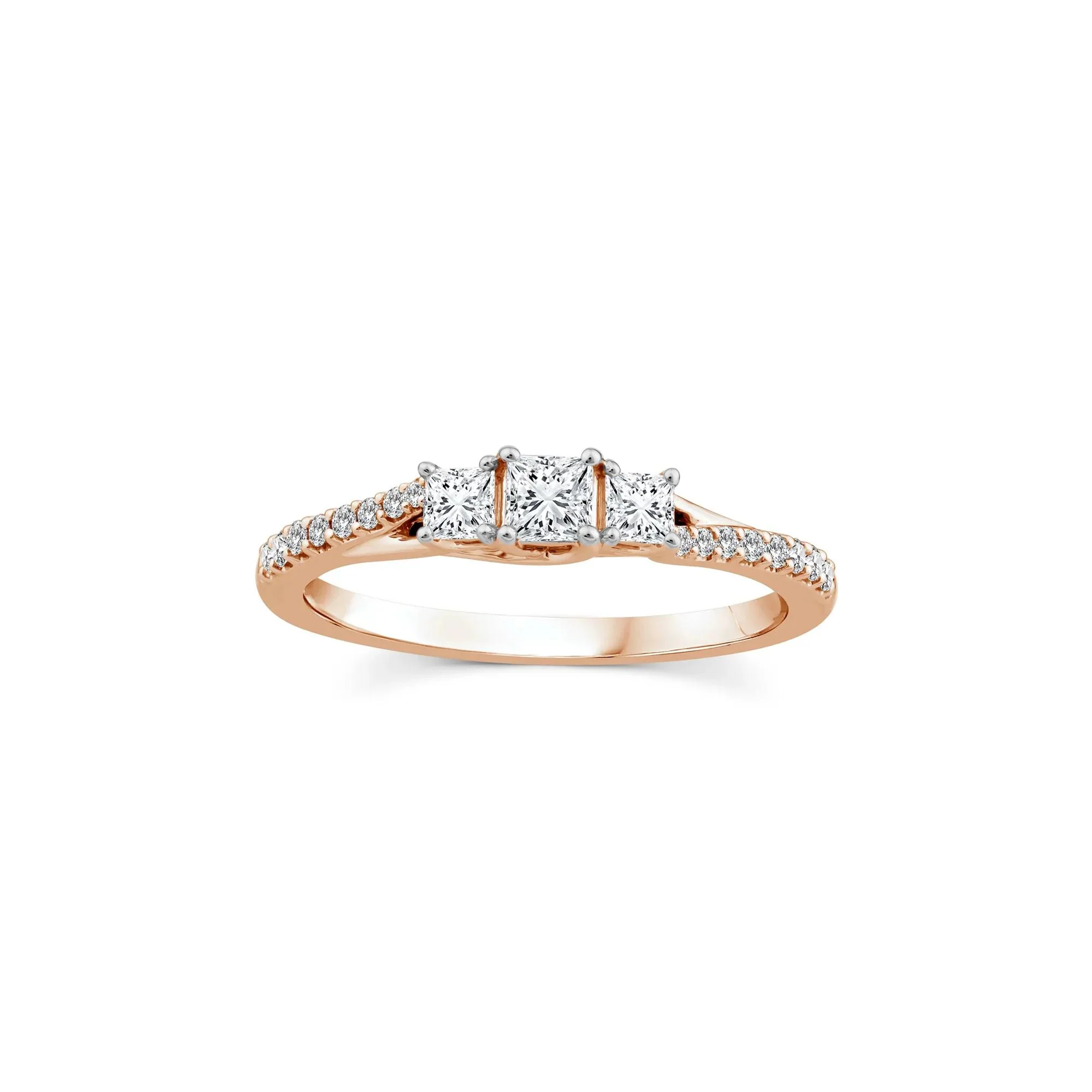 1/2 CT. Tw. Princess-Cut Diamond Three-Stone Ring 14K Rose Gold Round Brilliant Cut Size 7.5 1.5mm