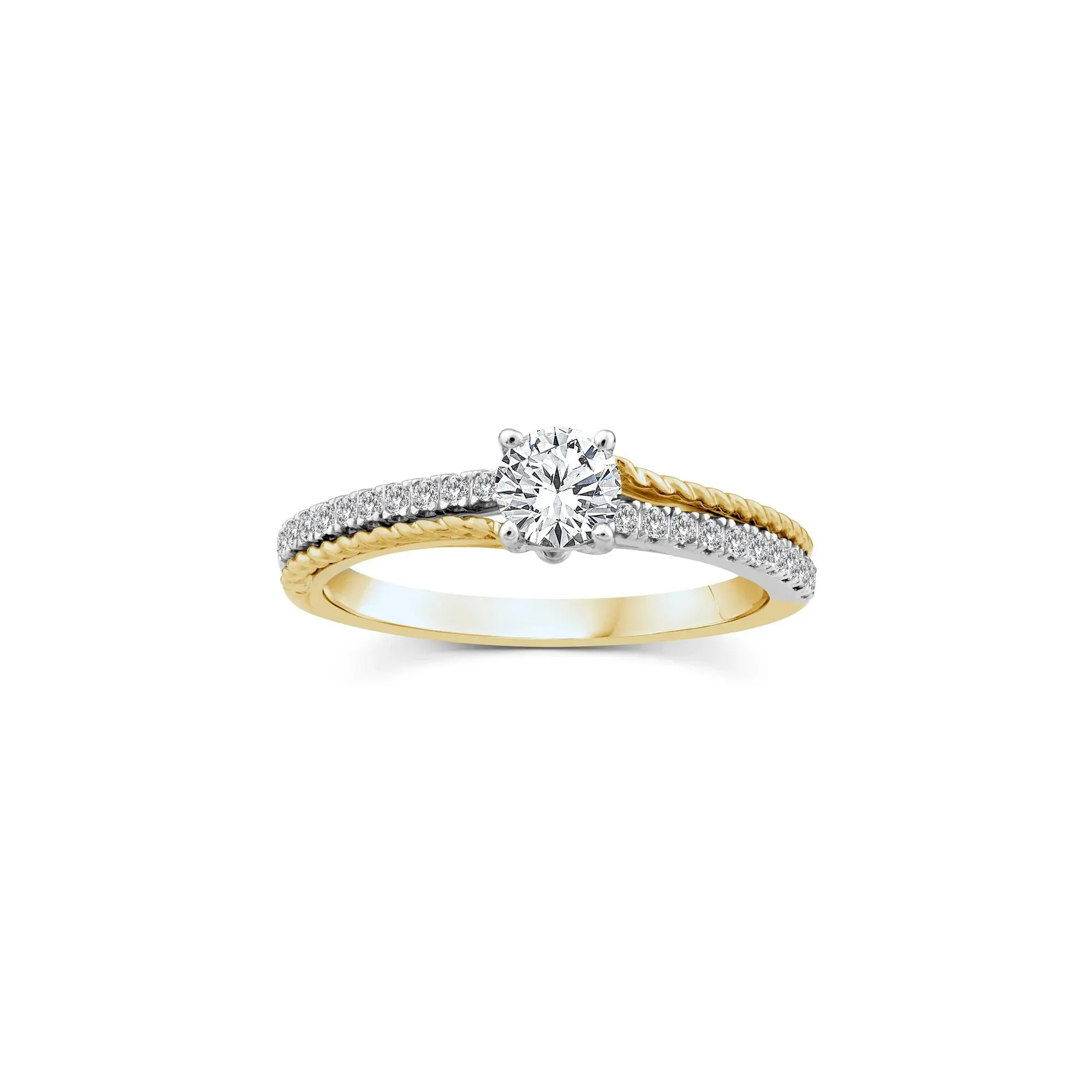 5/8 CT. Tw. Diamond Twist Engagement Ring 14K White and Yellow Gold Round Brilliant Cut Size 9 2mm
