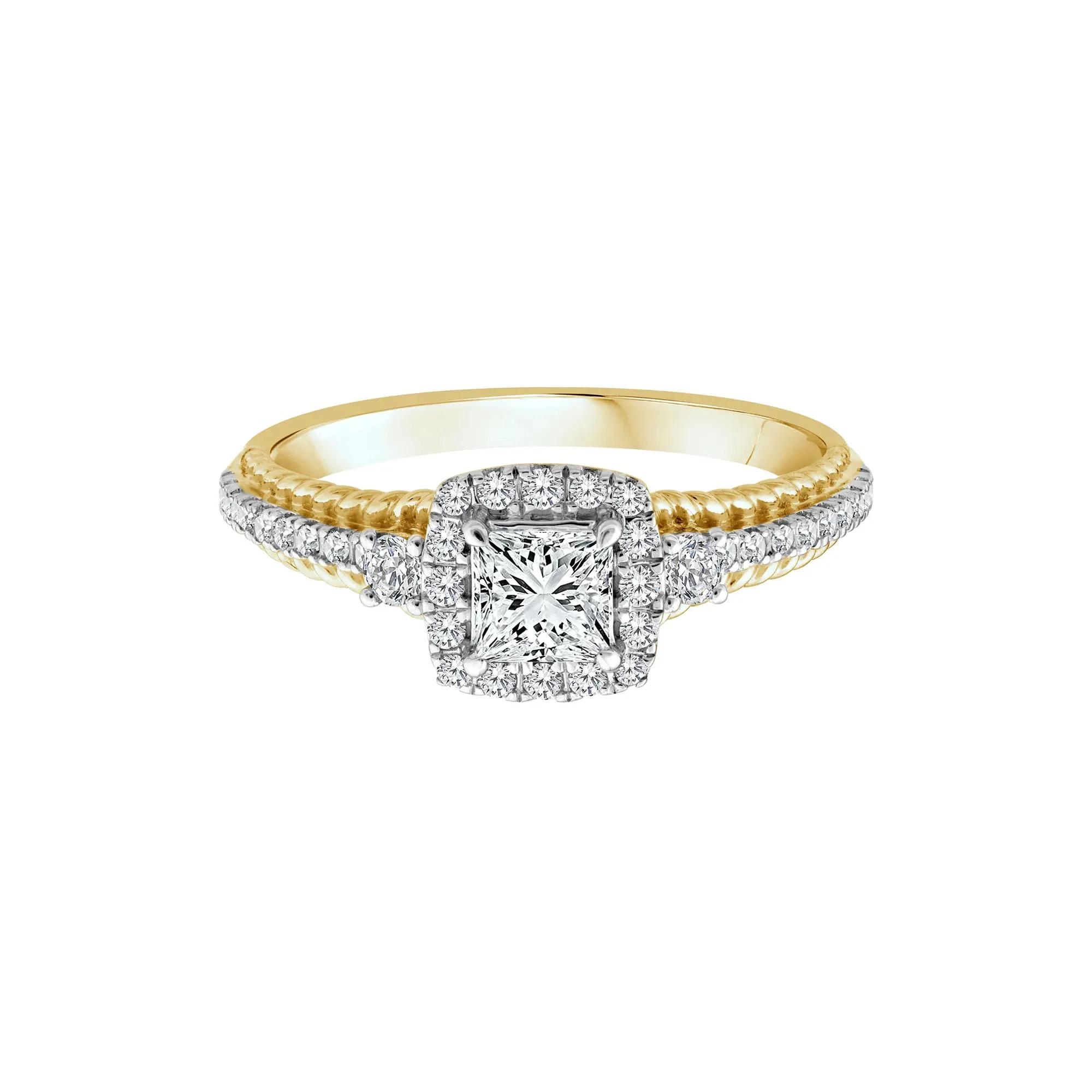 3/4 CT. Tw. Princess-Cut Diamond Halo Engagement Ring 14K Yellow Gold Round Brilliant Cut Size 6.5 2mm