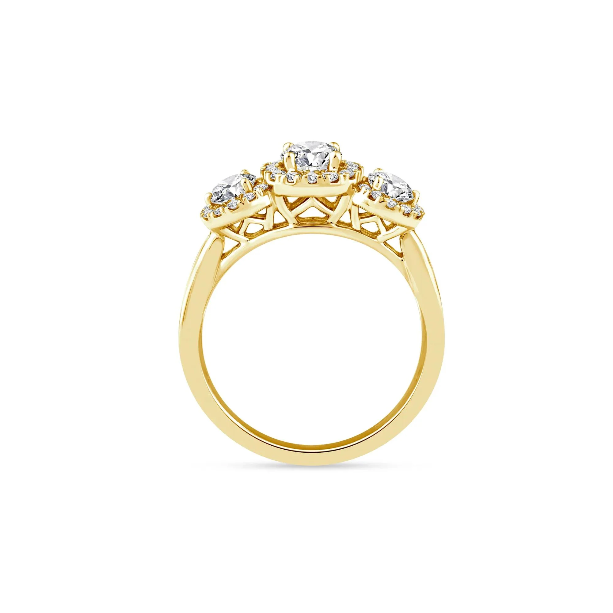 1/2 CT. Tw. Diamond Three-Stone Halo Engagement Ring 14K Yellow Gold Round Brilliant Cut Size 6 2mm - Image 2