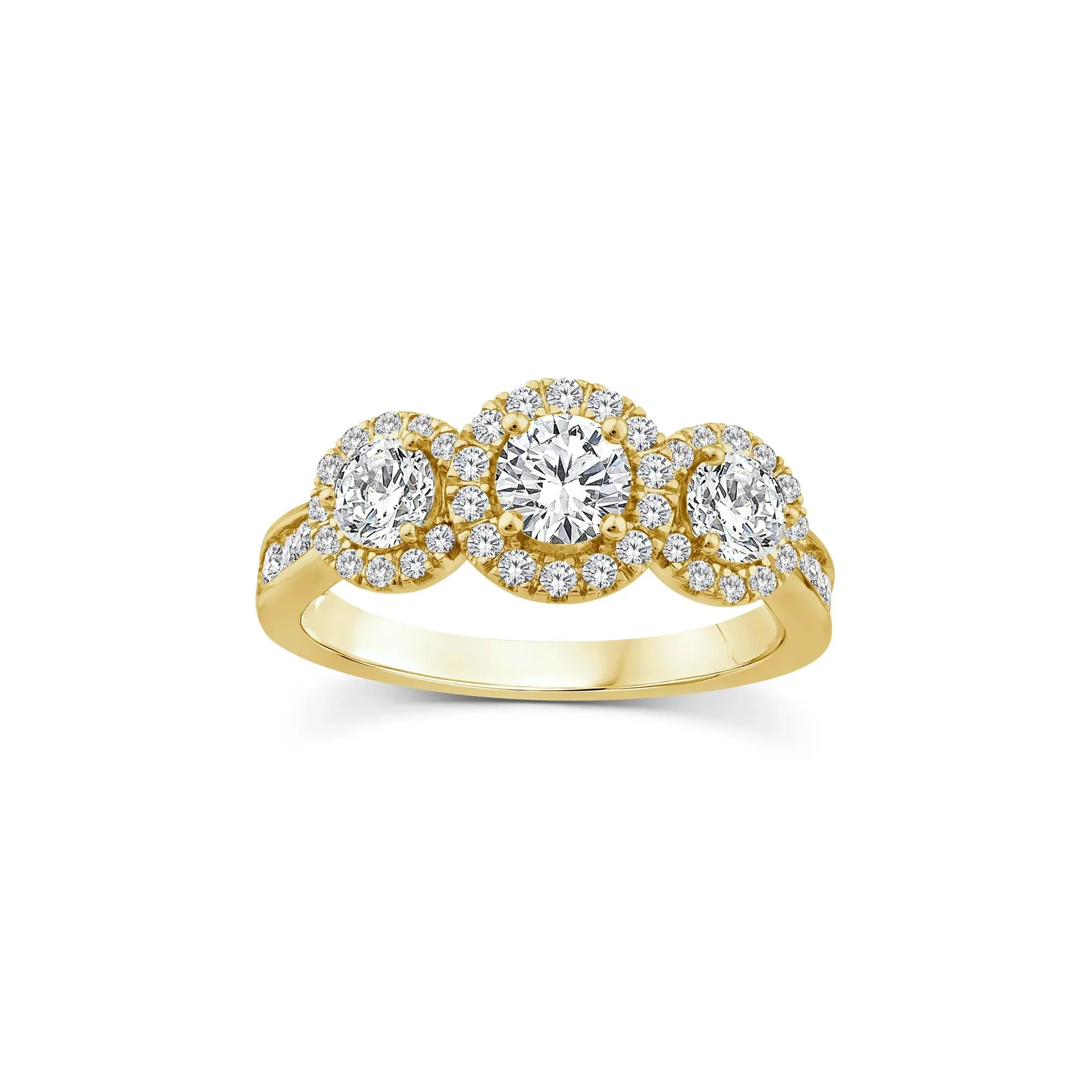 1/2 CT. Tw. Diamond Three-Stone Halo Engagement Ring 14K Yellow Gold Round Brilliant Cut Size 8.5 2mm