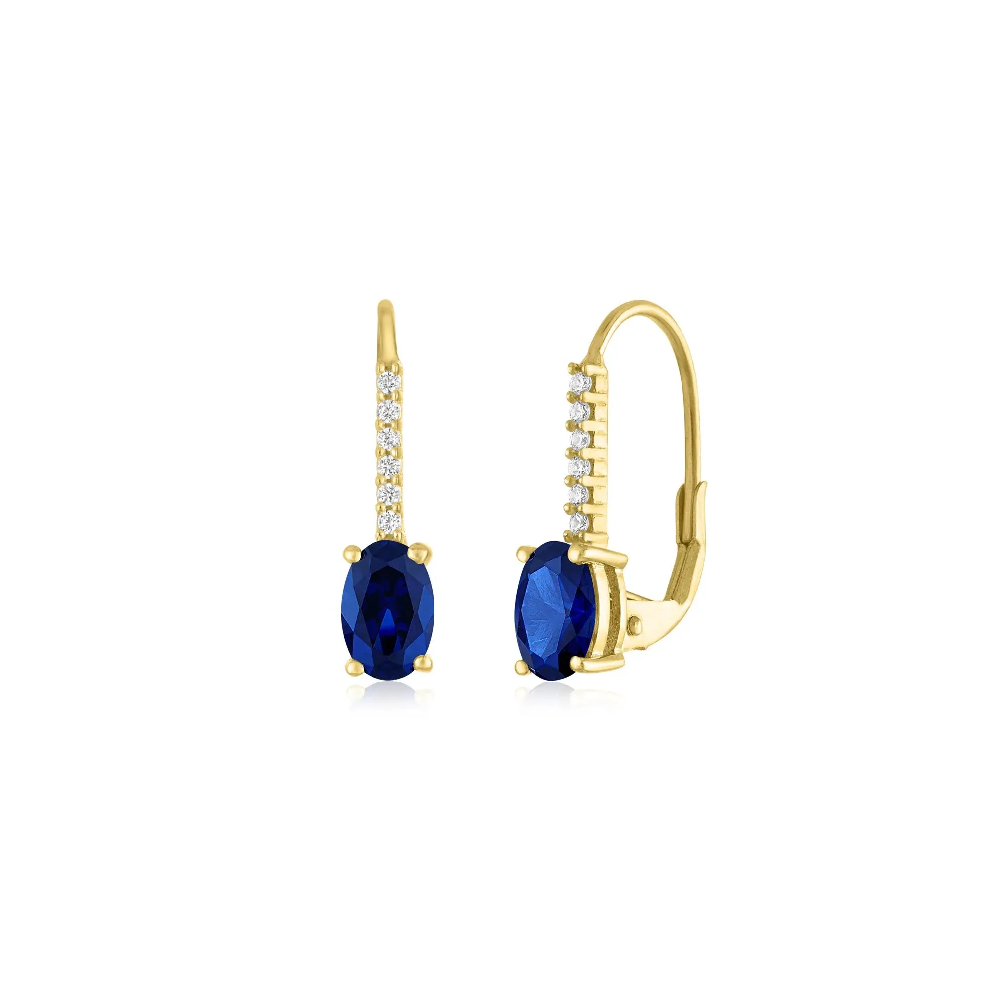 Lab-Created Blue Sapphire Oval and Diamond Accent Drop Earrings 10K Yellow Gold Size 19.00mm