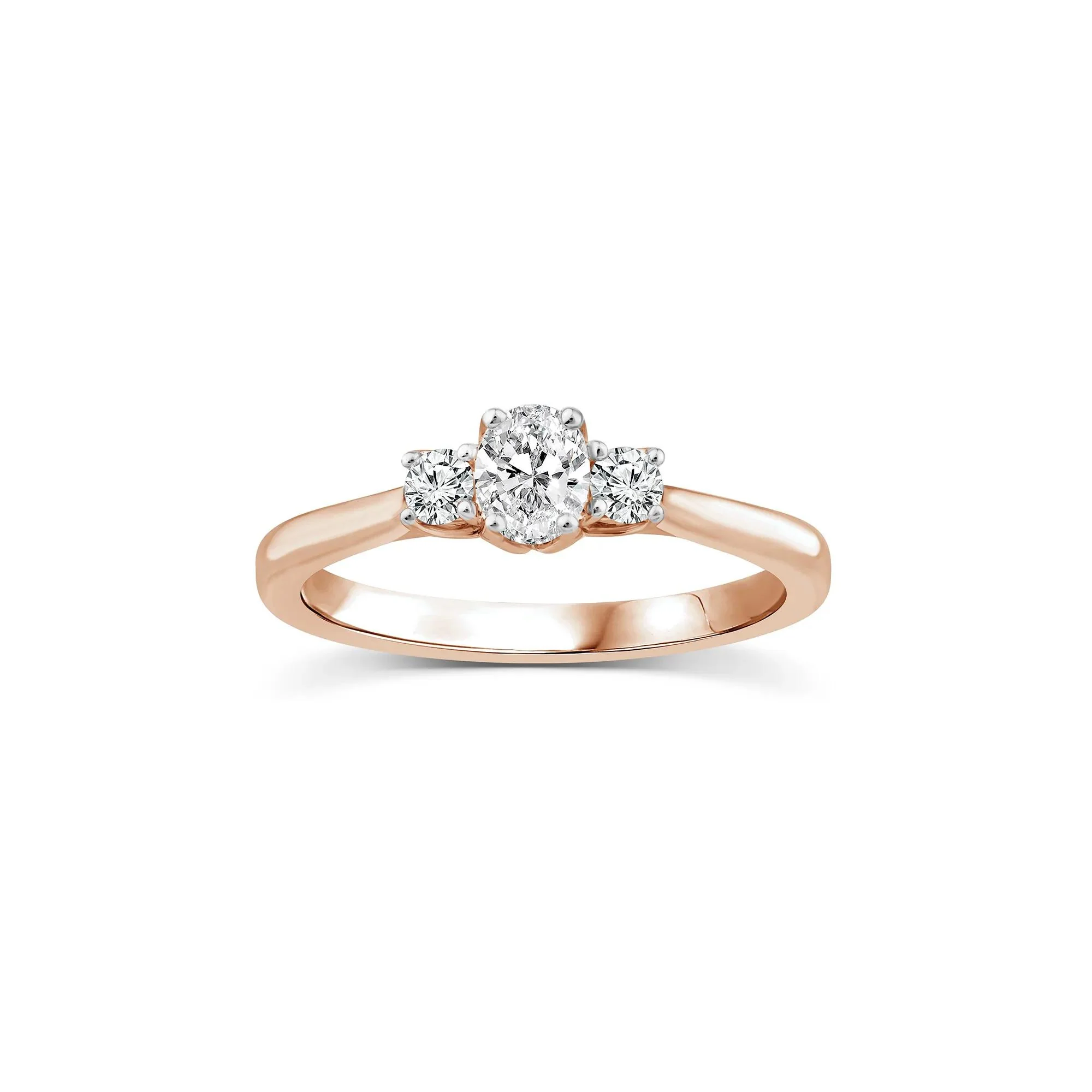 1/2 CT. Tw. Diamond Oval Center Three-Stone Ring 14K Rose Gold Round Brilliant Cut Size 9.5 2mm