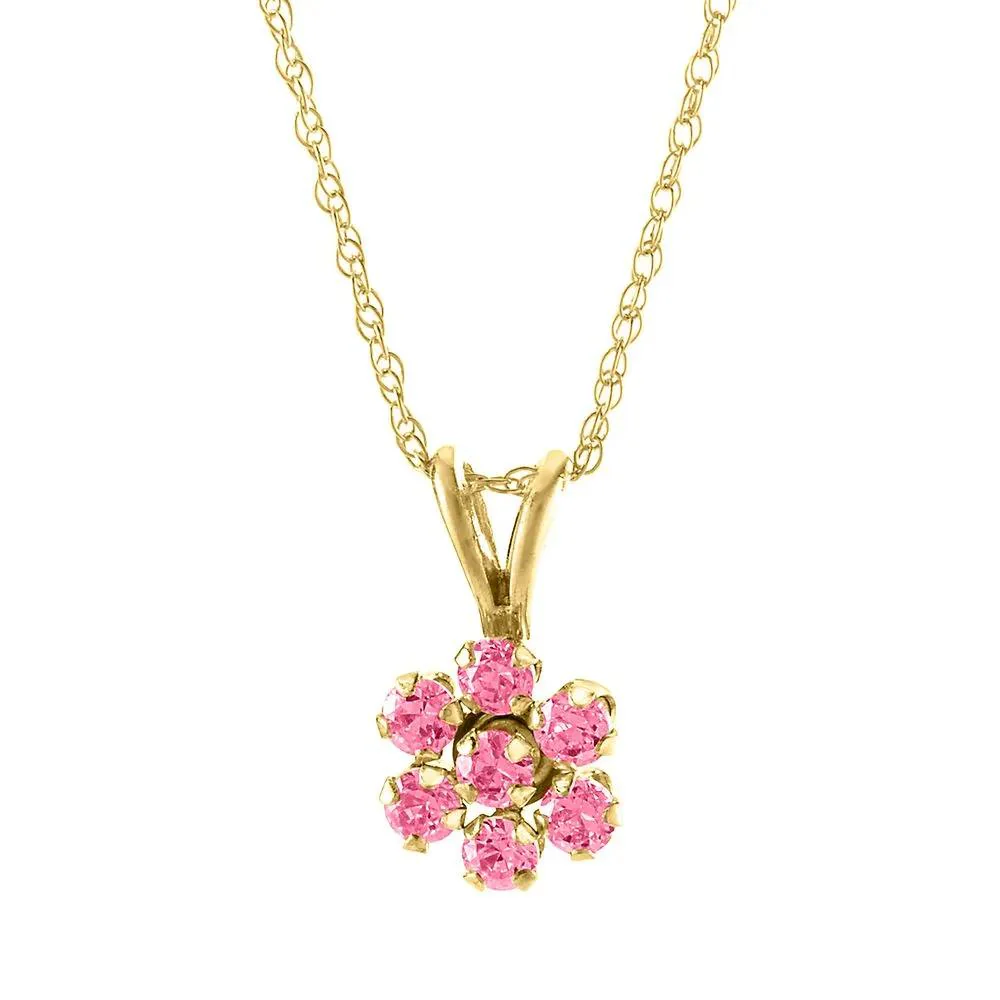 Children's Pink Cubic Zirconia Flower Pendant Necklace 14K Yellow Gold Size 15"