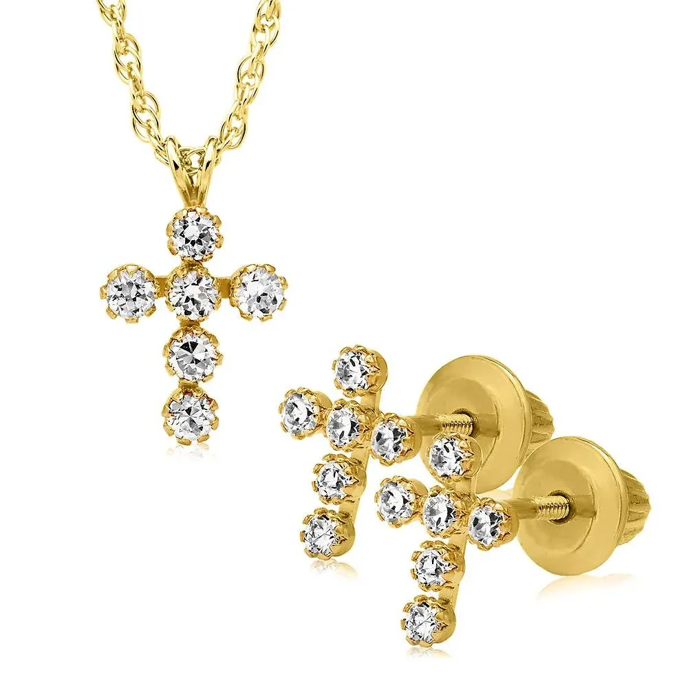 Children's Cubic Zirconia Cross Pendant Necklace & Earring Set 14K Yellow Gold Size 15"