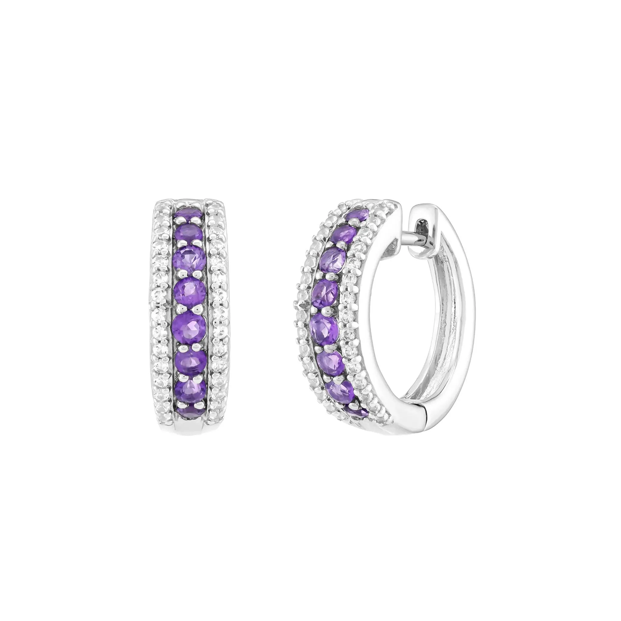 Amethyst and Lab-Created White Sapphire Graduated Hoop Earrings .925 Sterling Silver Size 19.50mm