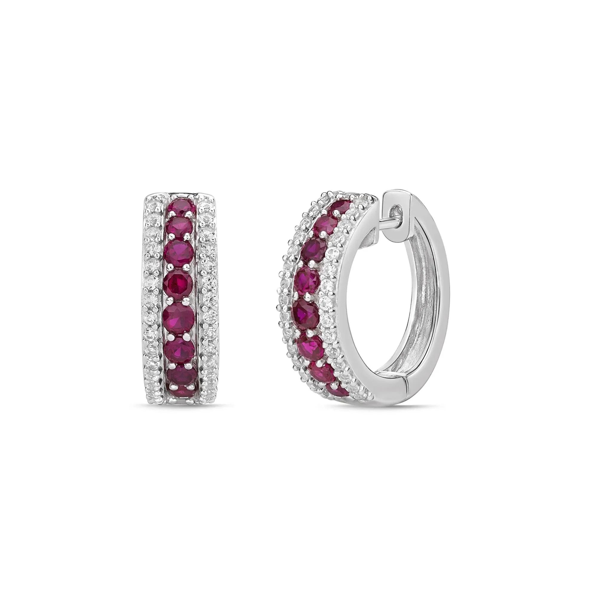 Lab-Created Rubies and Lab-Created White Sapphire Graduated Hoop Earrings .925 Sterling Silver Size 19.50mm
