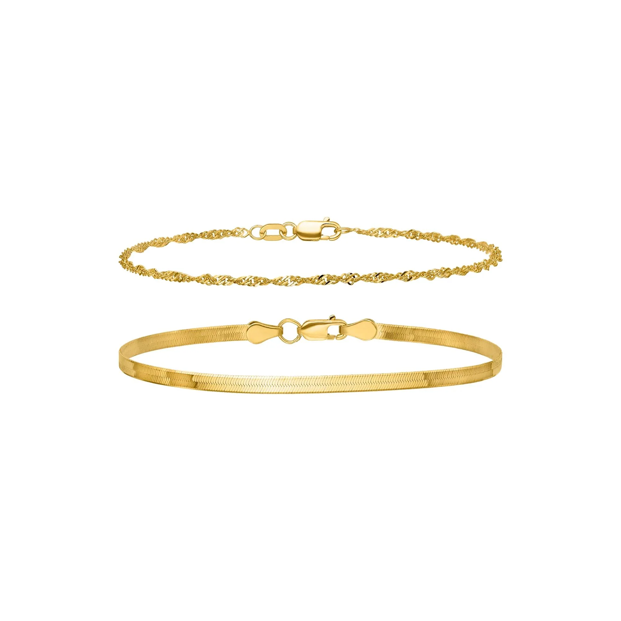 Singapore Chain and Silky Herringbone Chain Bracelet Box Set 10K Yellow Gold Size 7"