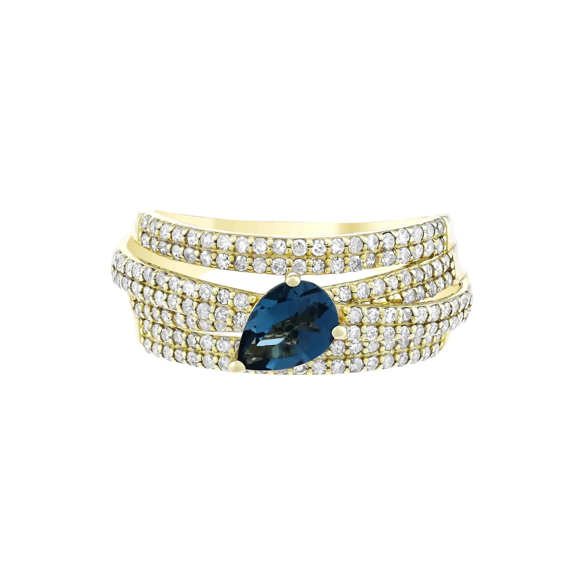 3/4 CT. Tw. Pear-Shaped London Blue Topaz and Diamond Multi-Row Ring 10K Yellow Gold Size 9 3.5mm