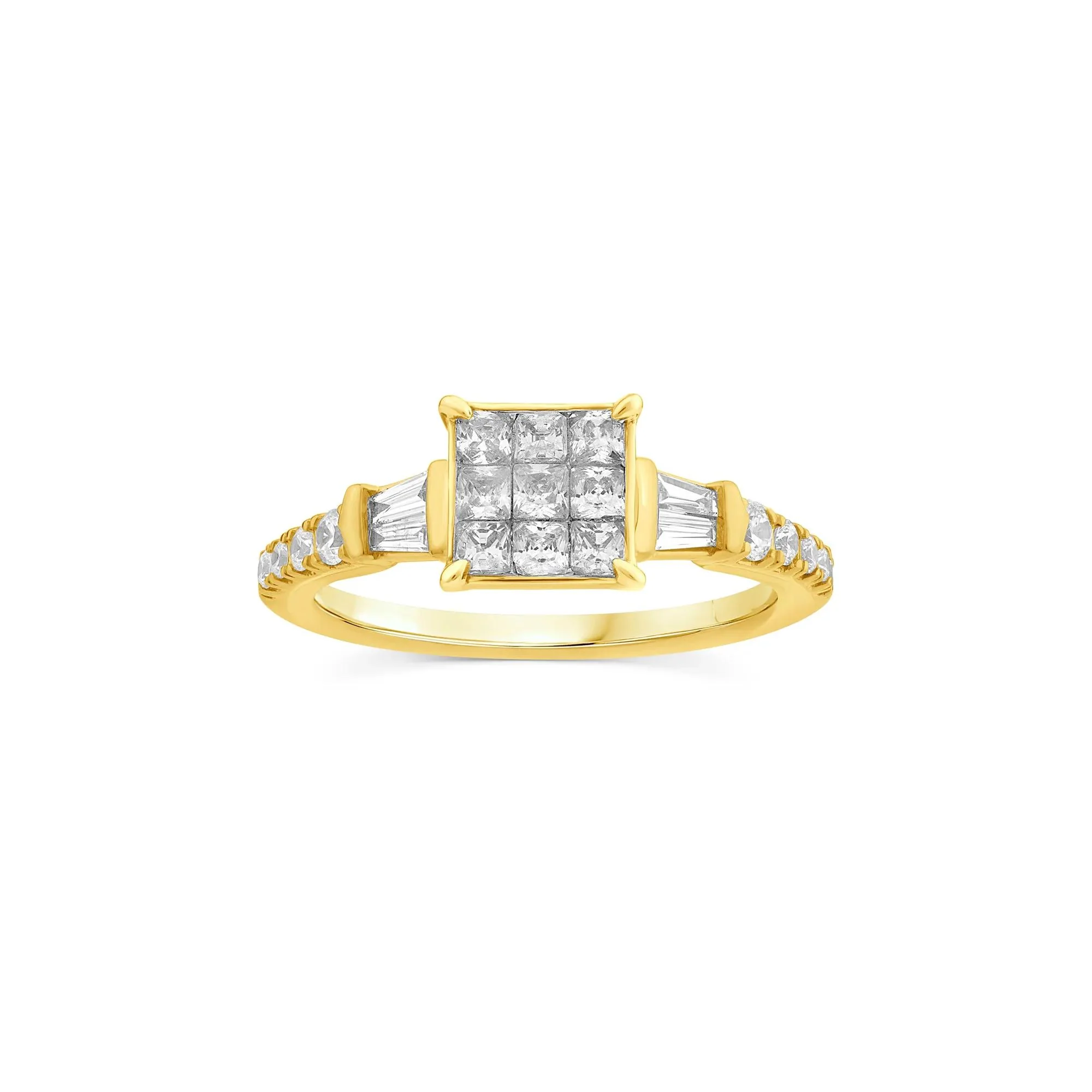 3/4 CT. Tw. Princess-Cut Diamond Composite Engagement Ring 10K Yellow Gold Round Brilliant Cut Size 9 1.5mm