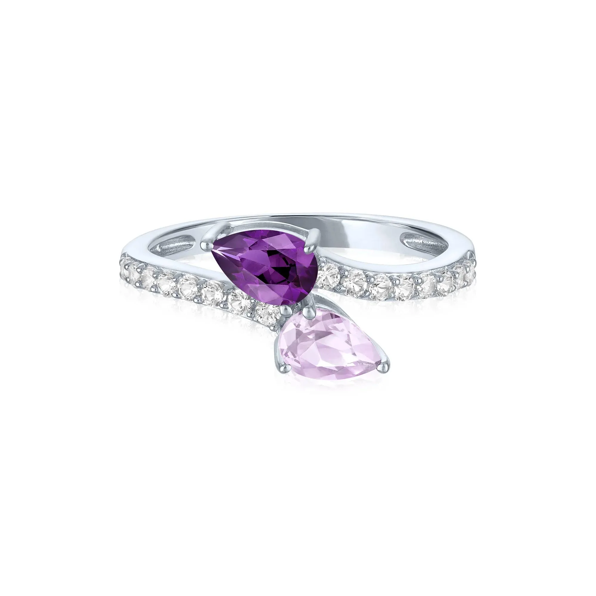 Bypass Ring with Purple and Pink Amethysts and Lab-Created White Sapphires .925 Sterling Silver Size 6 1mm