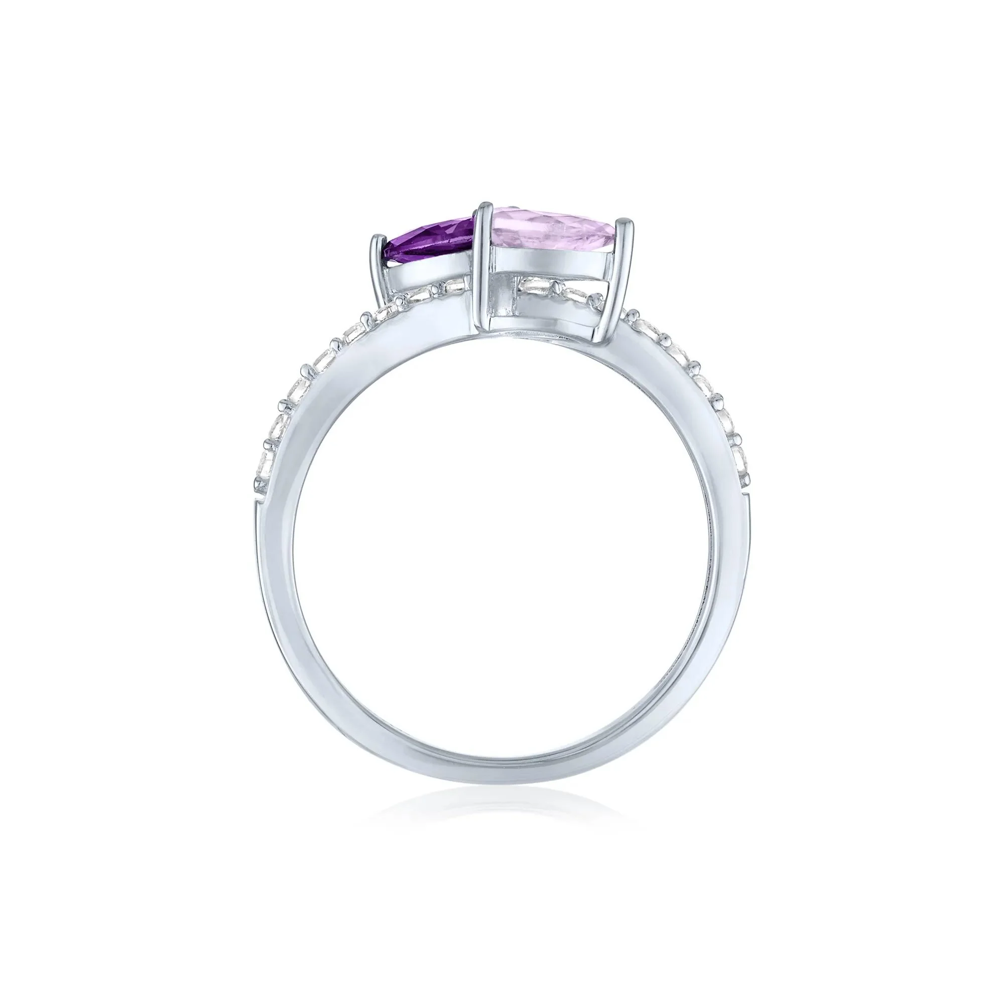 Bypass Ring with Purple and Pink Amethysts and Lab-Created White Sapphires .925 Sterling Silver Size 6 1mm - Image 2