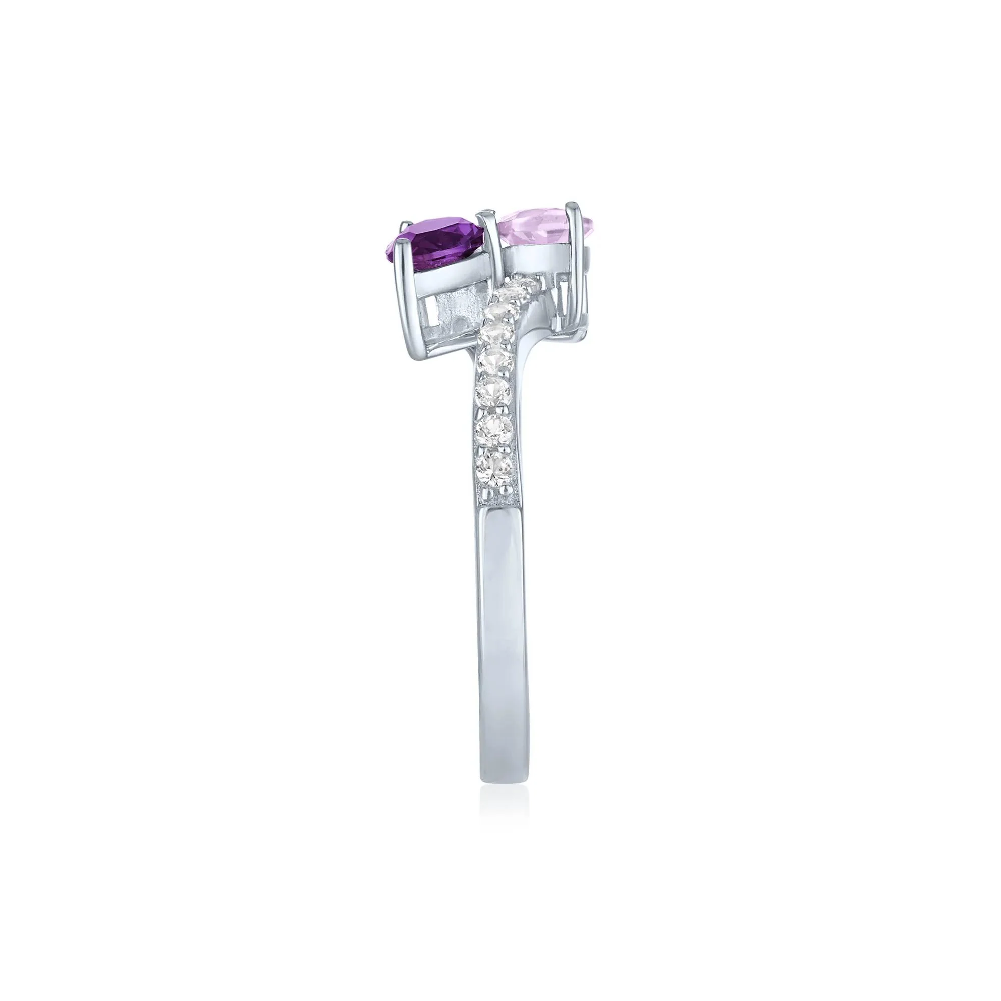 Bypass Ring with Purple and Pink Amethysts and Lab-Created White Sapphires .925 Sterling Silver Size 6.5 1mm - Image 3
