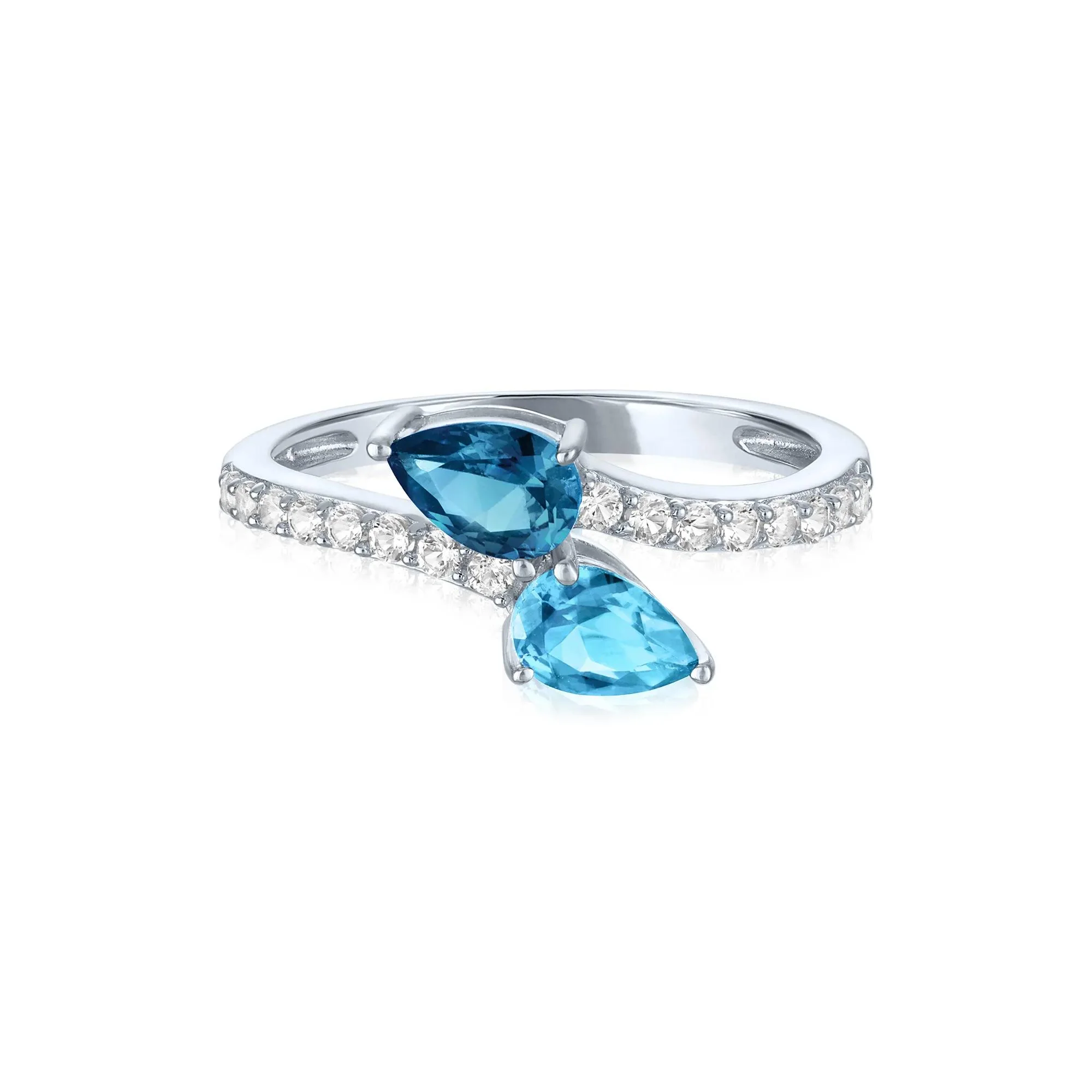 London Blue & Sky Blue Topaz Bypass Ring with Lab-Created White Sapphires .925 Sterling Silver Size 6 1mm