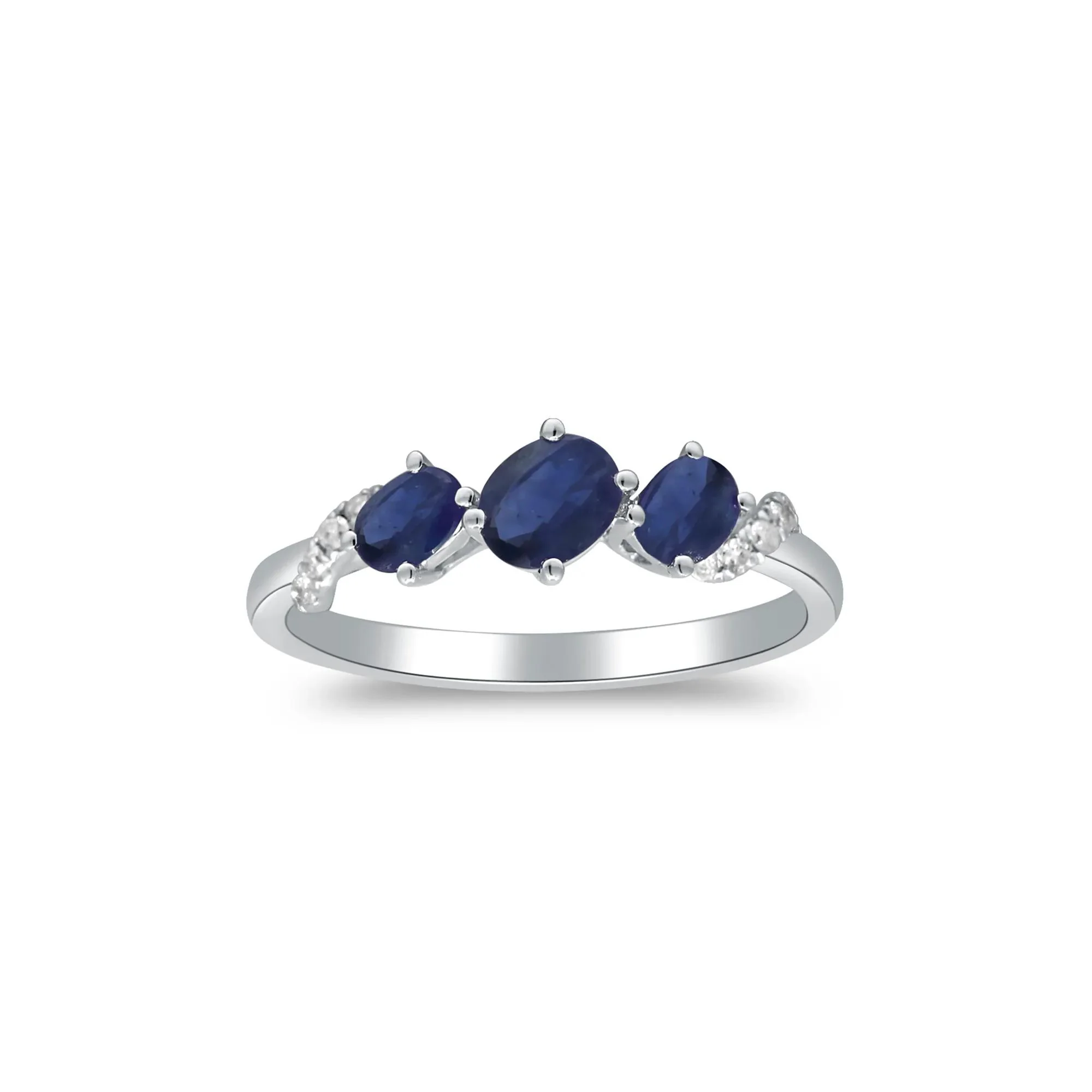 Blue Sapphire and Diamond Accent Ring 10K White Gold Round Brilliant Cut Size 7 2mm