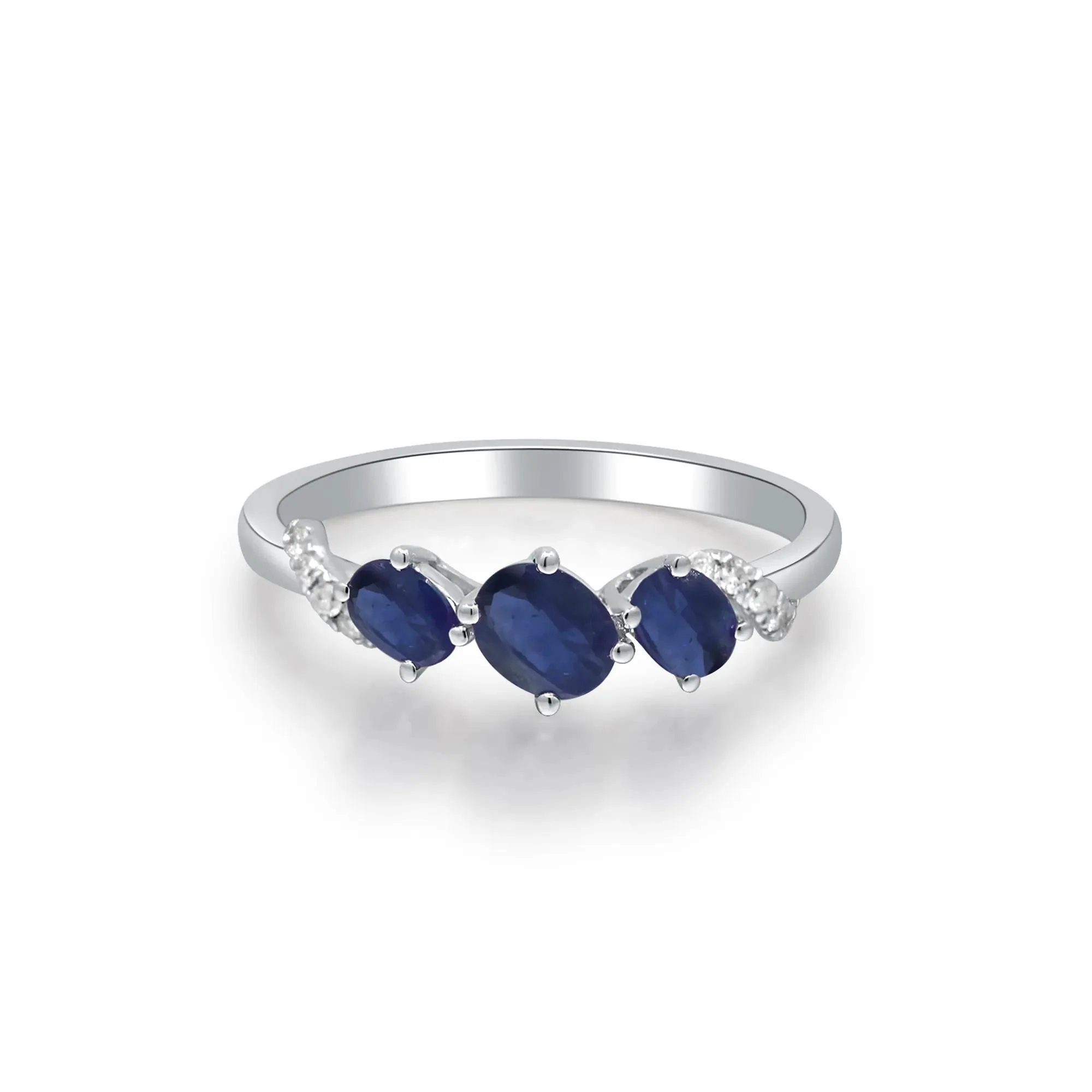 Blue Sapphire and Diamond Accent Ring 10K White Gold Round Brilliant Cut Size 7.5 2mm - Image 5