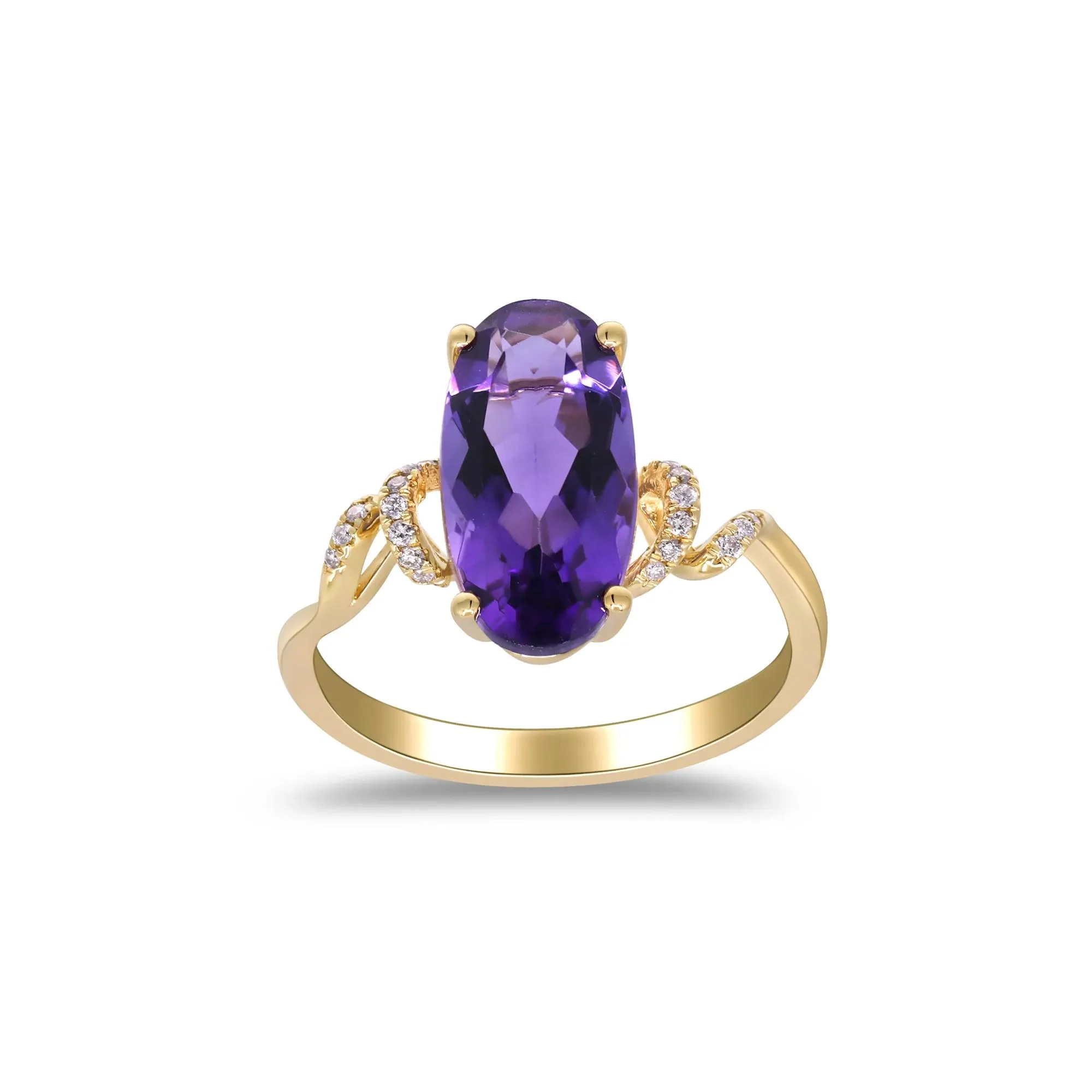 Amethyst and Diamond Accent Ring 10K Yellow Gold Round Brilliant Cut Size 6 2mm - Image 4