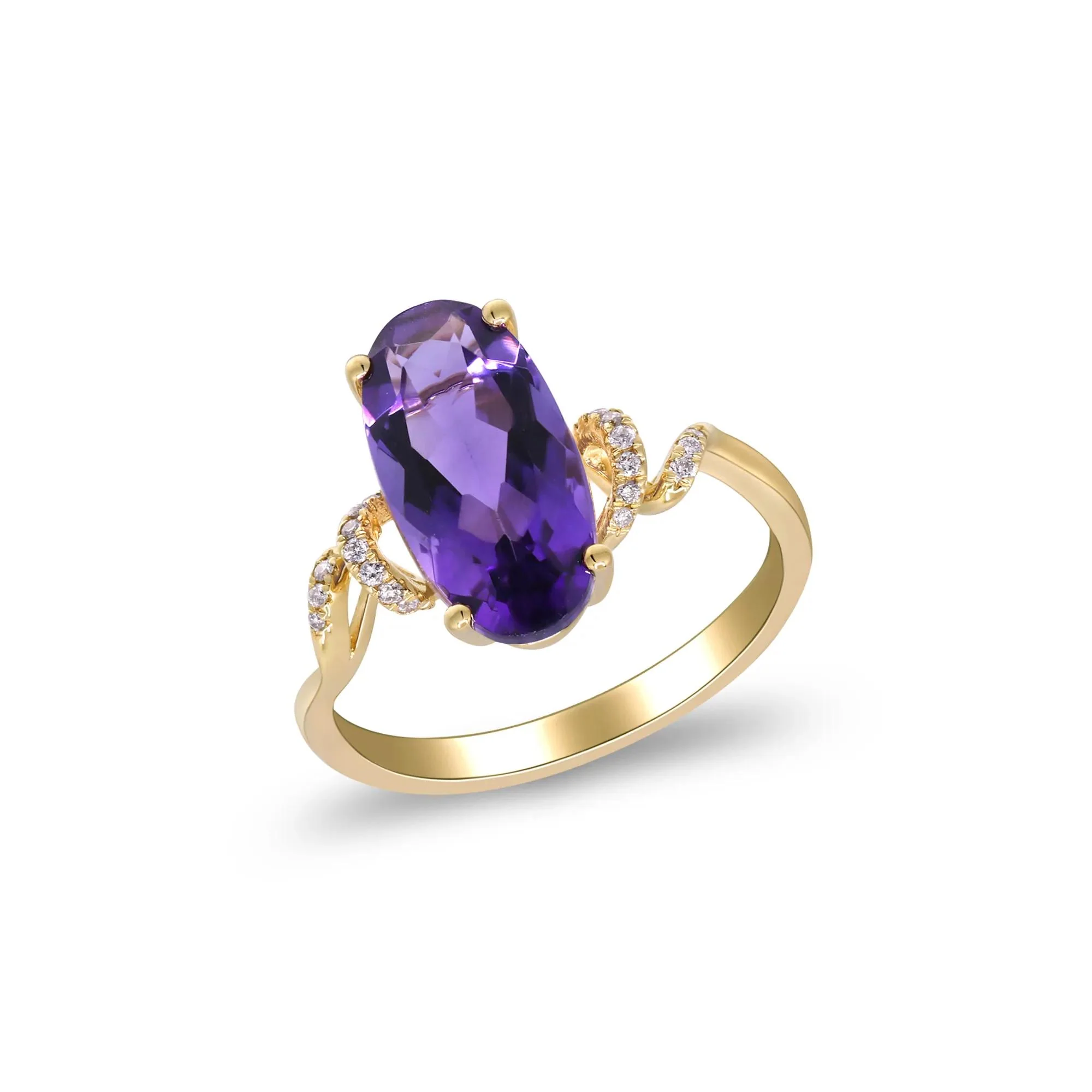 Amethyst and Diamond Accent Ring 10K Yellow Gold Round Brilliant Cut Size 7 2mm - Image 3