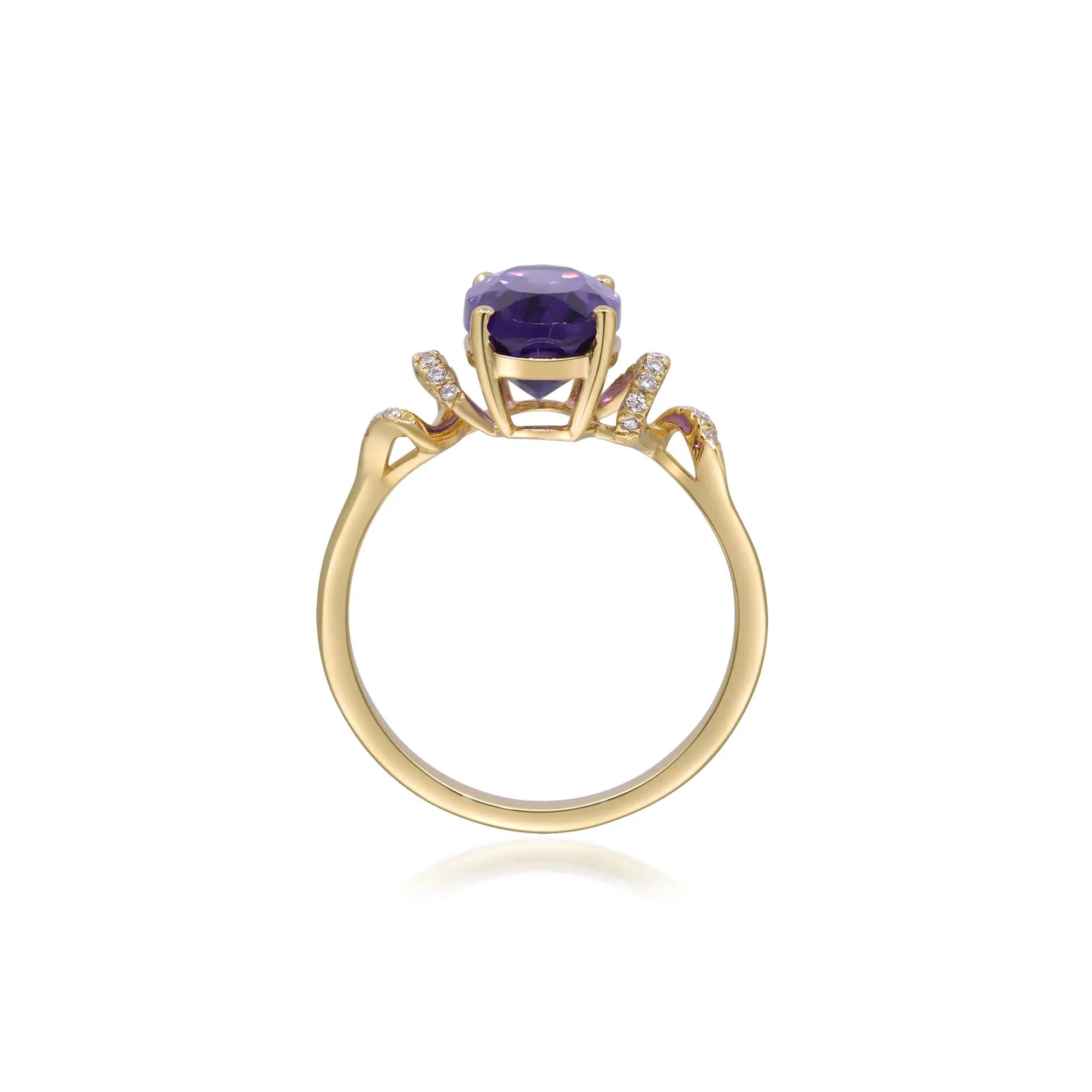 Amethyst and Diamond Accent Ring 10K Yellow Gold Round Brilliant Cut Size 8 2mm