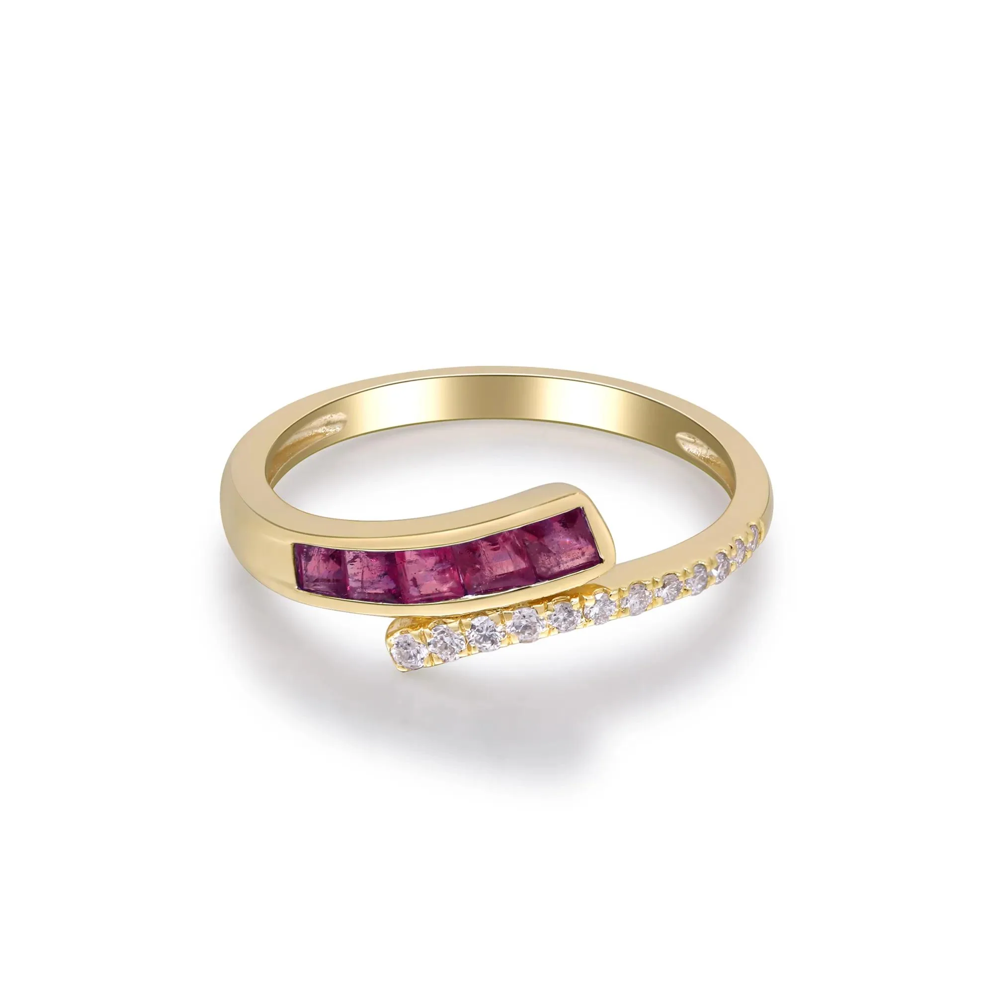 1/10 CT. Tw. Ruby and Diamond Bypass Ring 10K Yellow Gold Size 6.5 2mm - Image 3