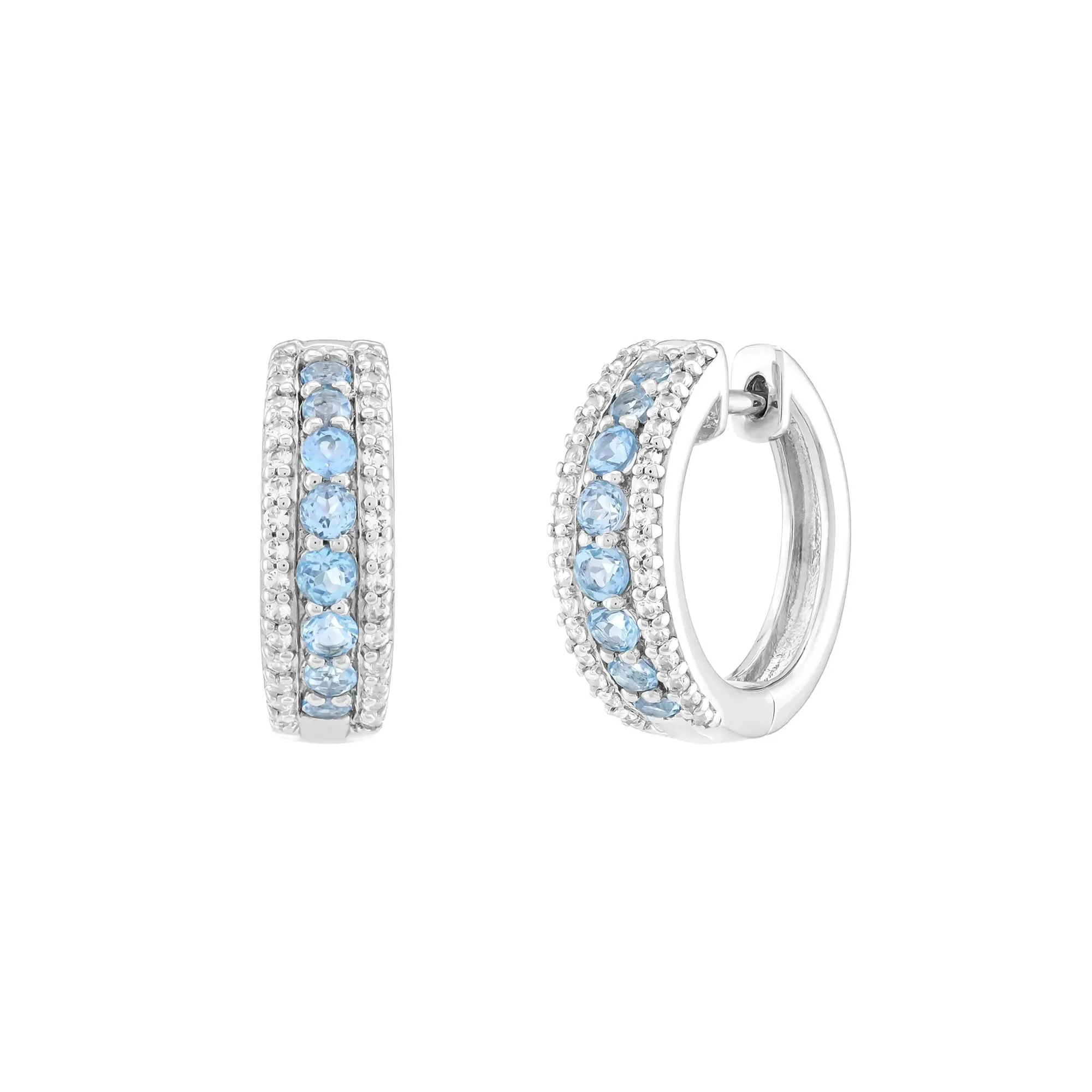 Blue Topaz and Lab-Created White Sapphire Graduated Hoop Earrings .925 Sterling Silver Size 19.50mm