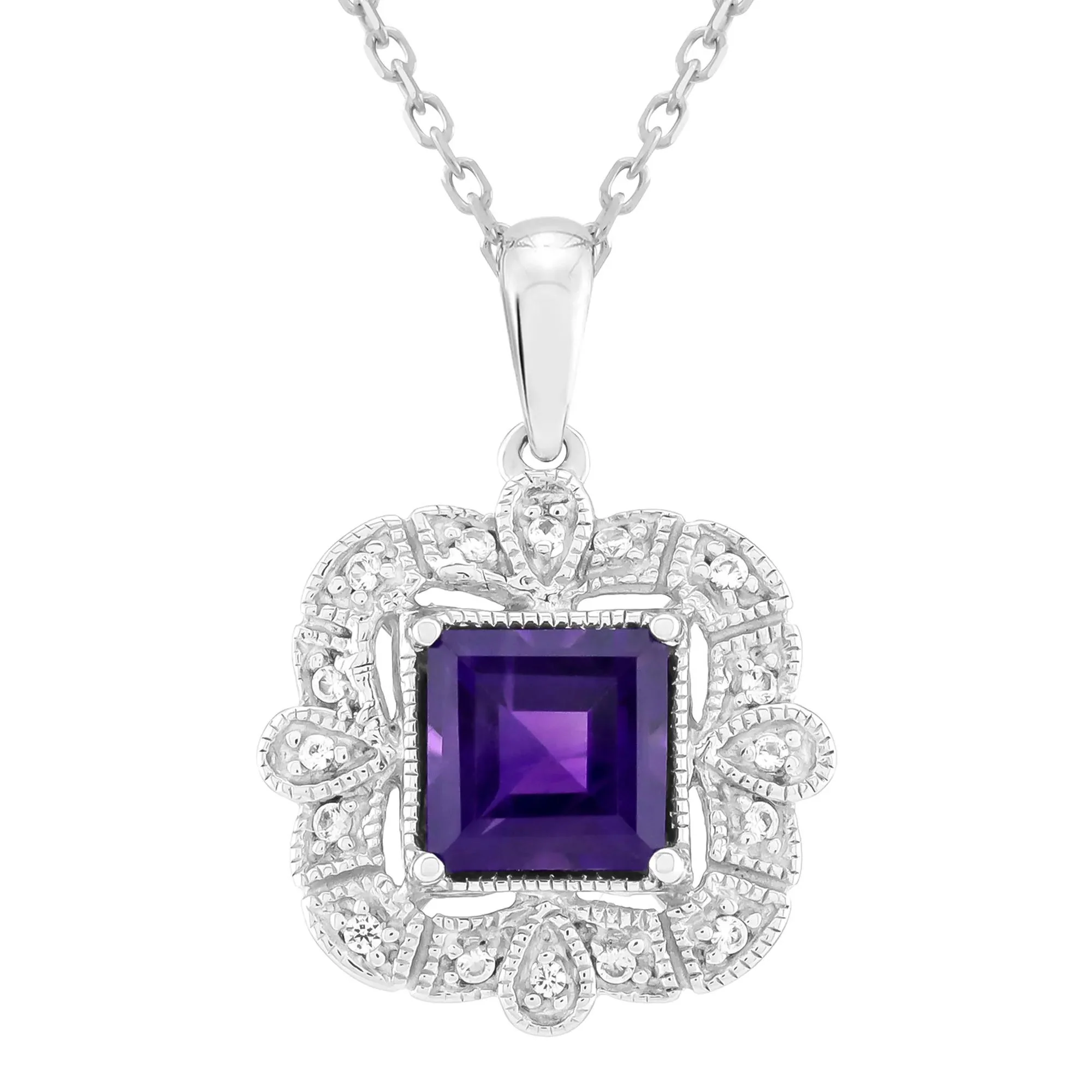 Square Amethyst Halo Pendant Necklace with Lab-Created White Sapphires .925 Sterling Silver Size 18"