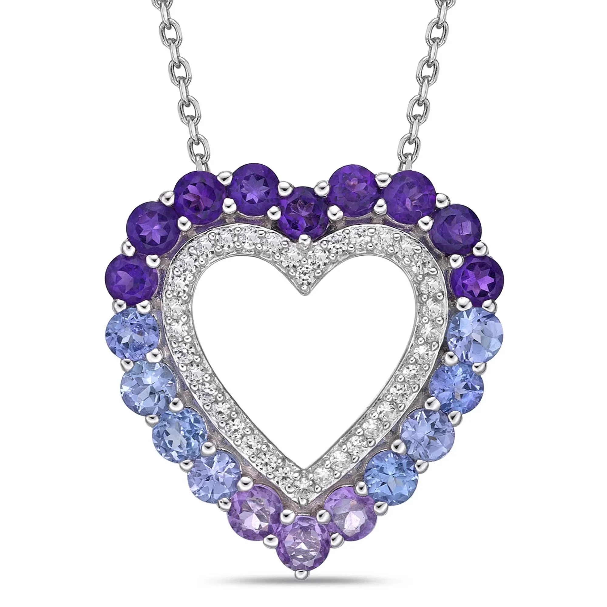 Heart Pendant Necklace with Amethyst Tanzanite & Lab-Created White Sapphires .925 Sterling Silver Size 18"
