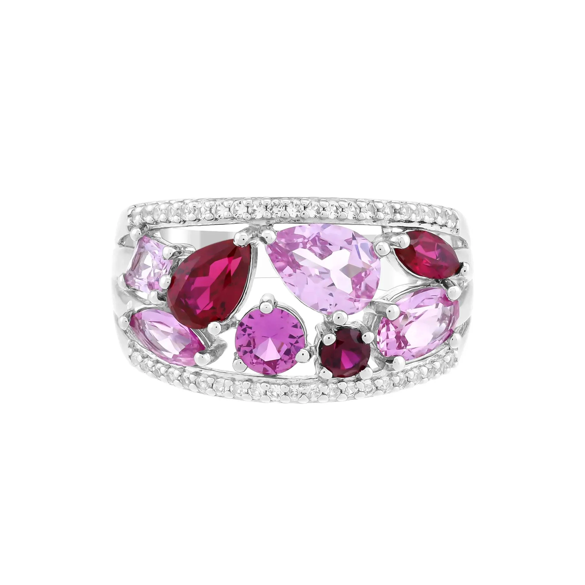 Multicut Lab-Created Pink and White Sapphire and Lab-Created Ruby Ring .925 Sterling Silver Size 7 3.5mm