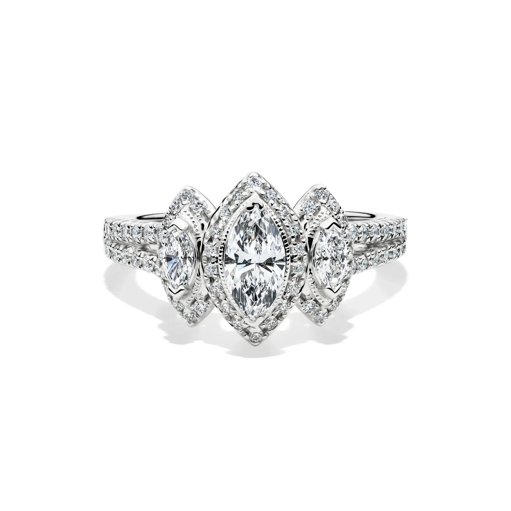 1 CT. Tw. Lab Grown Diamond Marquise Engagement Ring 14K White Gold Round Brilliant Cut Size 8 1.5mm