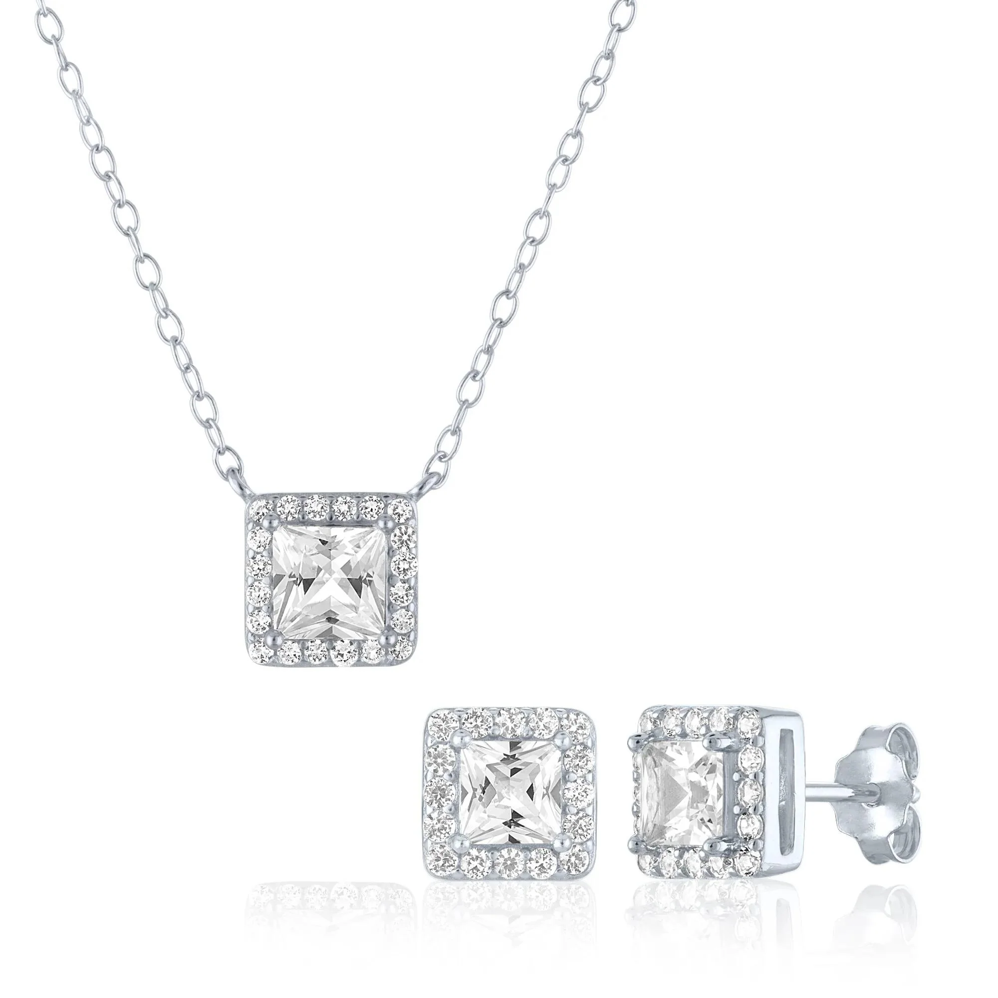 Lab-Created White Sapphire Pendant Necklace and Earring Halo Box Set .925 Sterling Silver Size 18"