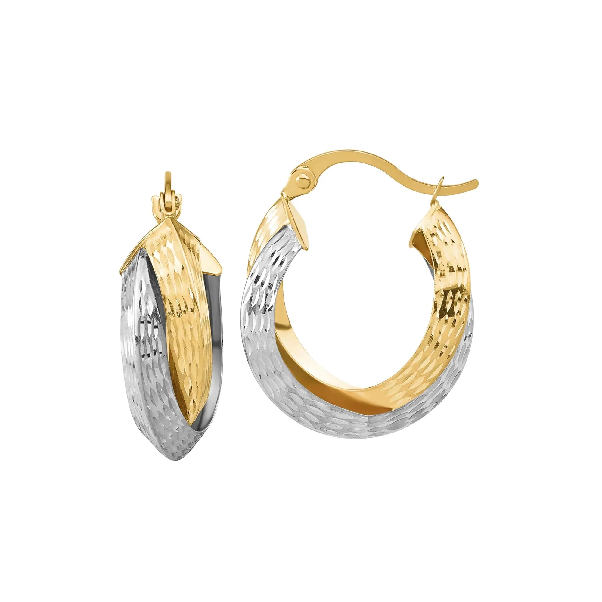 Diamond-Cut Double Hoop Earrings 14K Yellow and White Gold Size 17.50mm